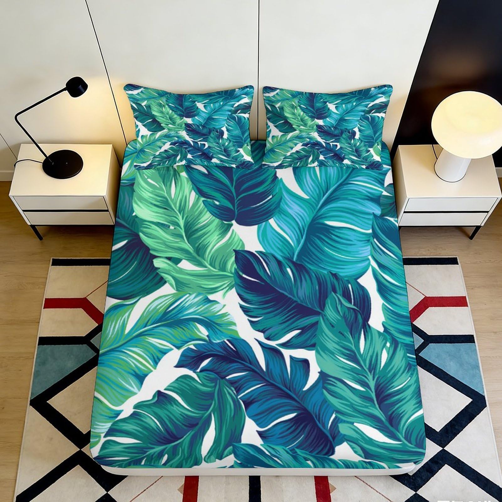 3D Printed Tropical Leaf Fitted Sheet Microfiber Soft Breathable Monstera Leaf Bed Cover for Bedroom Dormitory Guest Room Mattress Protection Decor 200x200x25cm