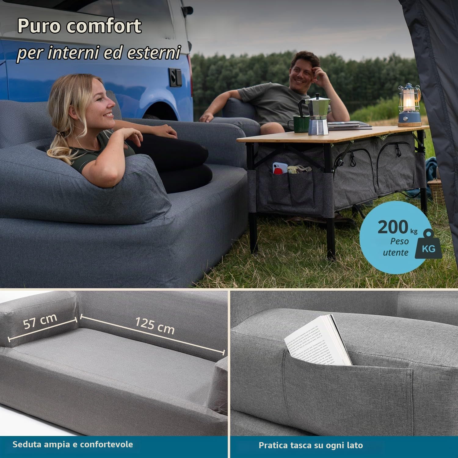 Skandika Sofá ad aria Easy Air | sofá gonfiabile da esterno, con pompa elettrica, 1-2 persone, fino a 200 kg, ricaricabile con cavo di ricarica USB (Premium doppio)