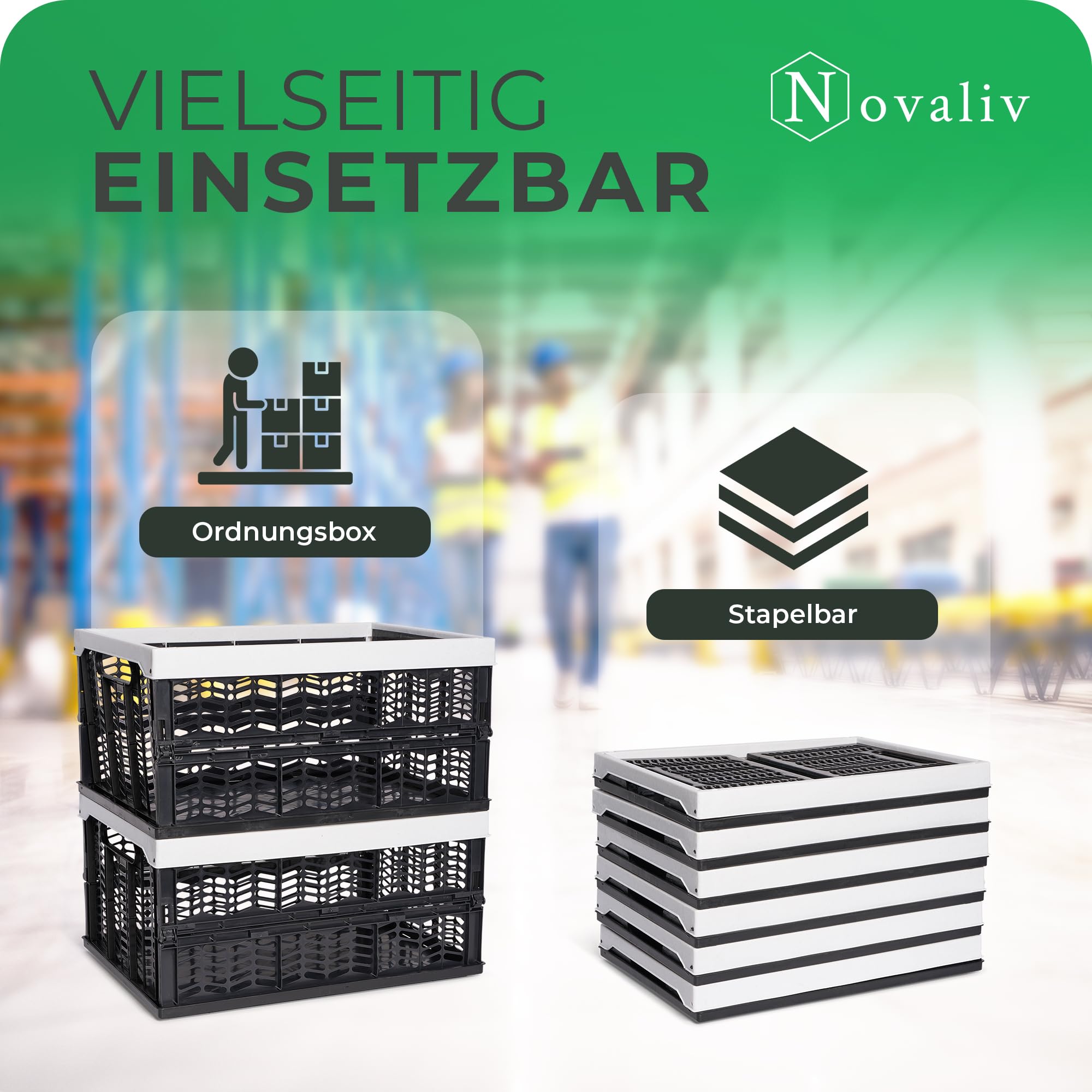 Novaliv Scatole pieghevoli stabili, 8 x 30 l, grigio e nero, set di scatole per la spesa