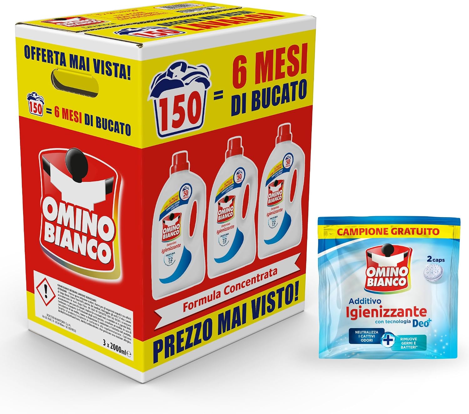 Omino Bianco - Detersivo Lavatrice Igienizzante Liquido, 150 Lavaggi, Rispetta Colori e Tessuti, Igienizza e Rimuove Germi e Batteri, 2000 ml x 3 + Campione di Additivo Lavatrice Igienizzante Idrocaps
