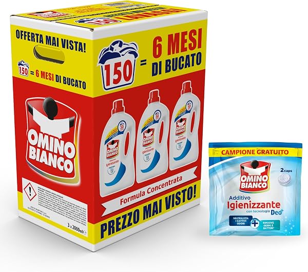 Omino Bianco - Liquid Washing Machine, 150 Washes, Respect Colours and Fabrics, Fresh Perfume with Heart of Marseille Essence, 2000 ml x 3 + Hygienising Additive Sample Hygienising Washing Machine - 5