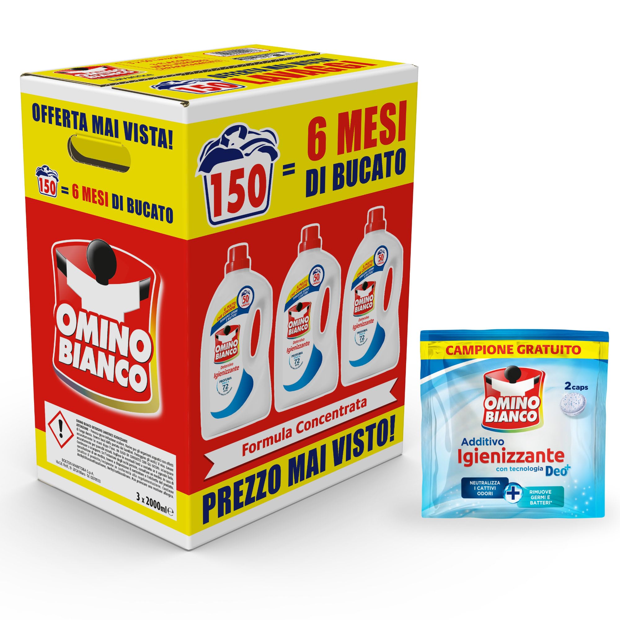 Omino Bianco - Detersivo Lavatrice Igienizzante Liquido, 150 Lavaggi, Rispetta Colori e Tessuti, Igienizza e Rimuove Germi e Batteri, 2000 ml x 3 + Campione di Additivo Lavatrice Igienizzante Idrocaps
