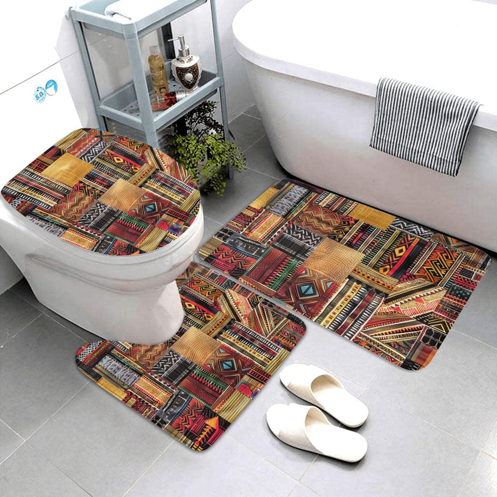 Tapis de bain 3 pièces en flanelle imprimé patchwork africain tapis de bain + tapis contour + housse de siège de toilette, tapis de bain absorbant antidérapant
