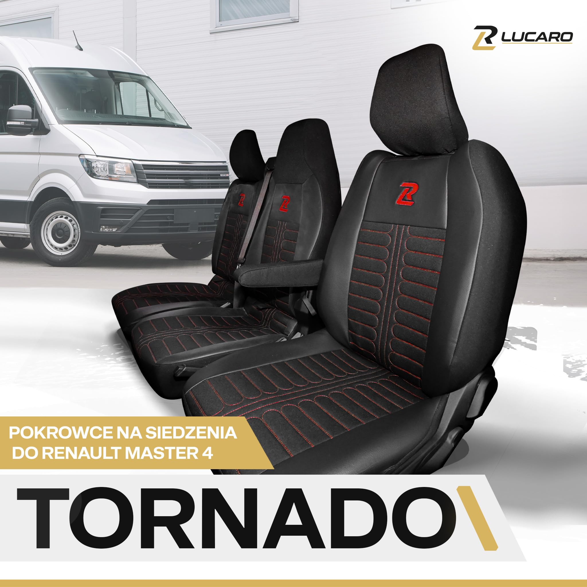 Lucaro Pokrowce na siedzenia samochodowe TORNADO do Renault Master 4, Nissan Interstar 3 Czerwone oparcie i siedzisko dzielone