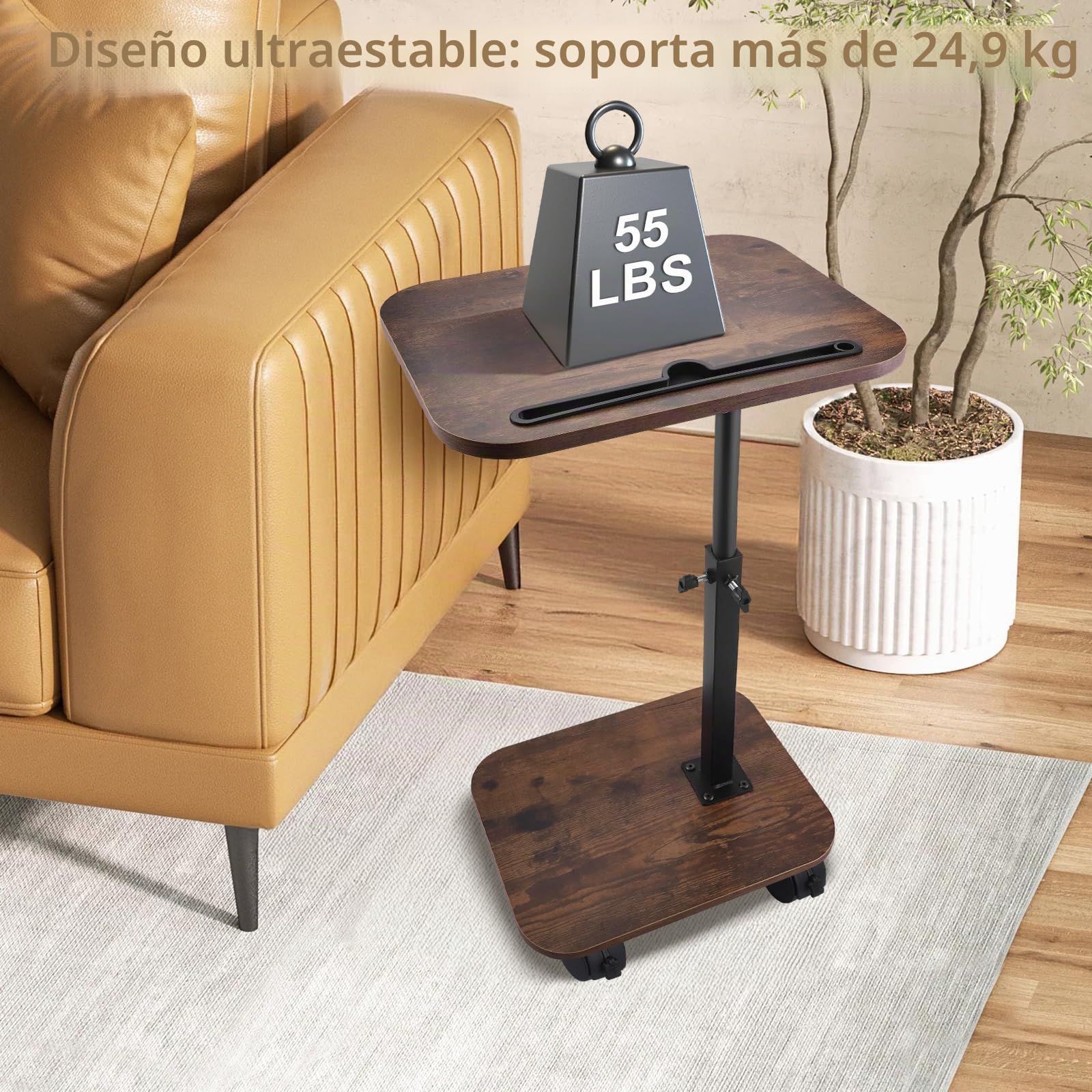 Mesa En C De Altura Ajustable con Plato Giratorio De 360° Y 4 Ruedas, Mesa Giratoria para Sofá, Cama Y Espacios Pequeños - Mesa Auxiliar Móvil con Frenos De Estacionamiento (Nogal)