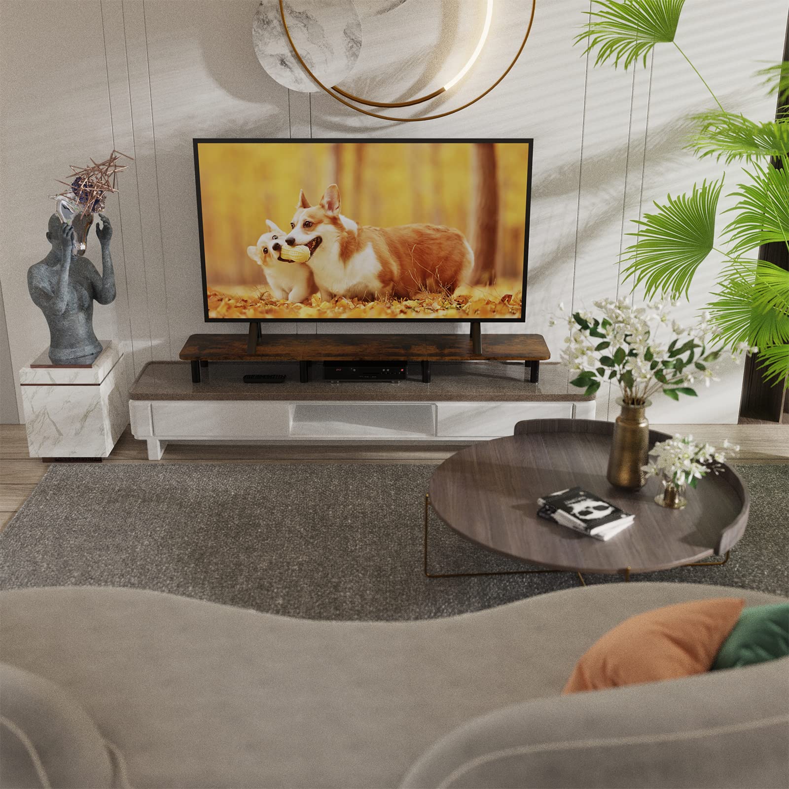 WEGASTU Dual Monitor Stand - 43.7 inch Extra Long Wide TV Stand - Wood & Steel Leg Desktop Riser - Desk Organization - Home Office (Vintage)