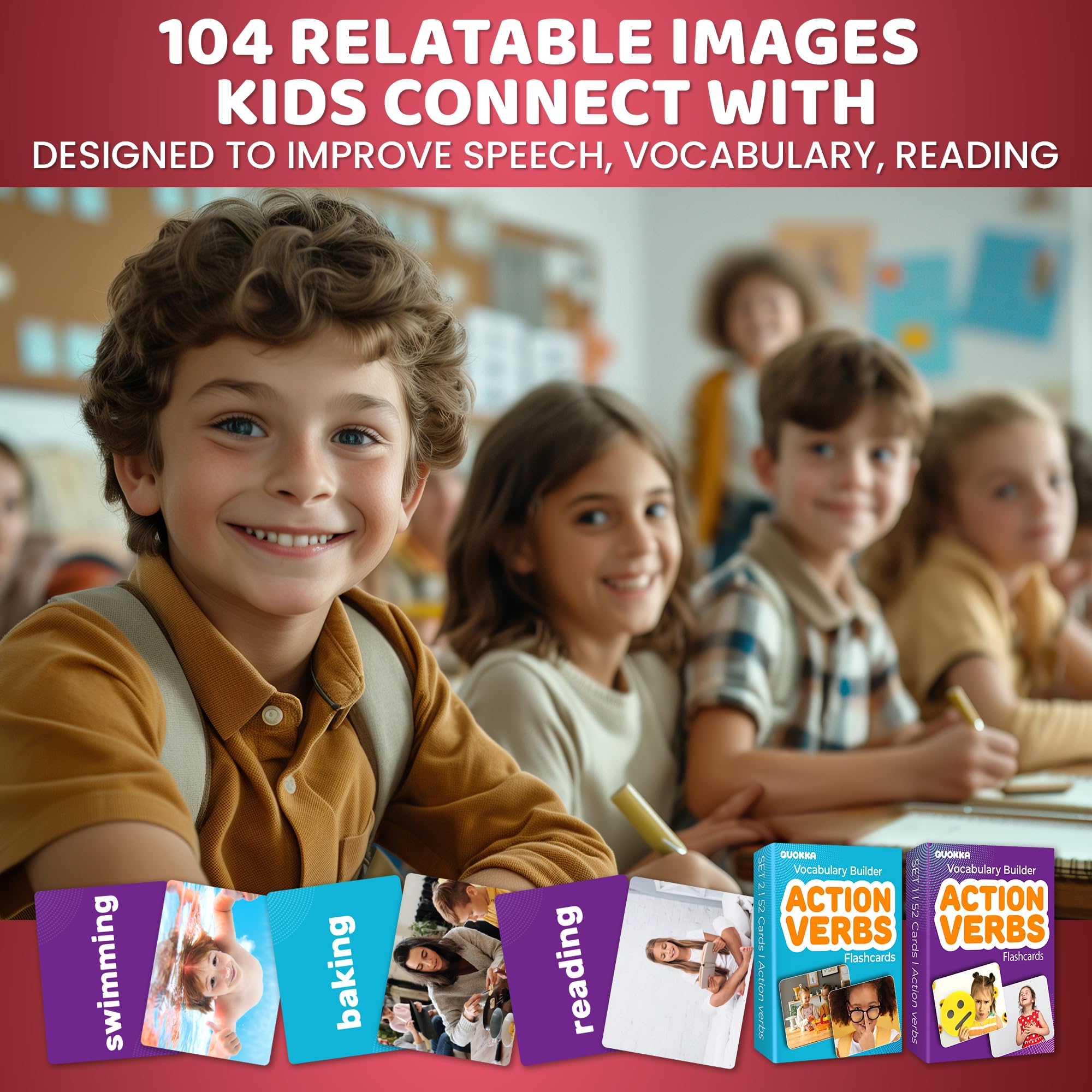 QUOKKA 104 Action Verbs Flash Cards for Speech Therapy Materials ESL Teaching – Educational Vocabulary Builder with Realistic Images for Kids Adults – Picture Cards for Speech and Cognitive Learning