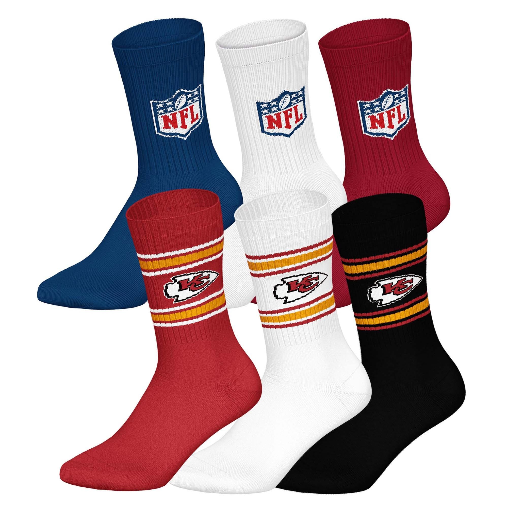 NFL Unisex Team Crew Socks, Kansas City Chiefs, Mix, 43-46, Pack of 6