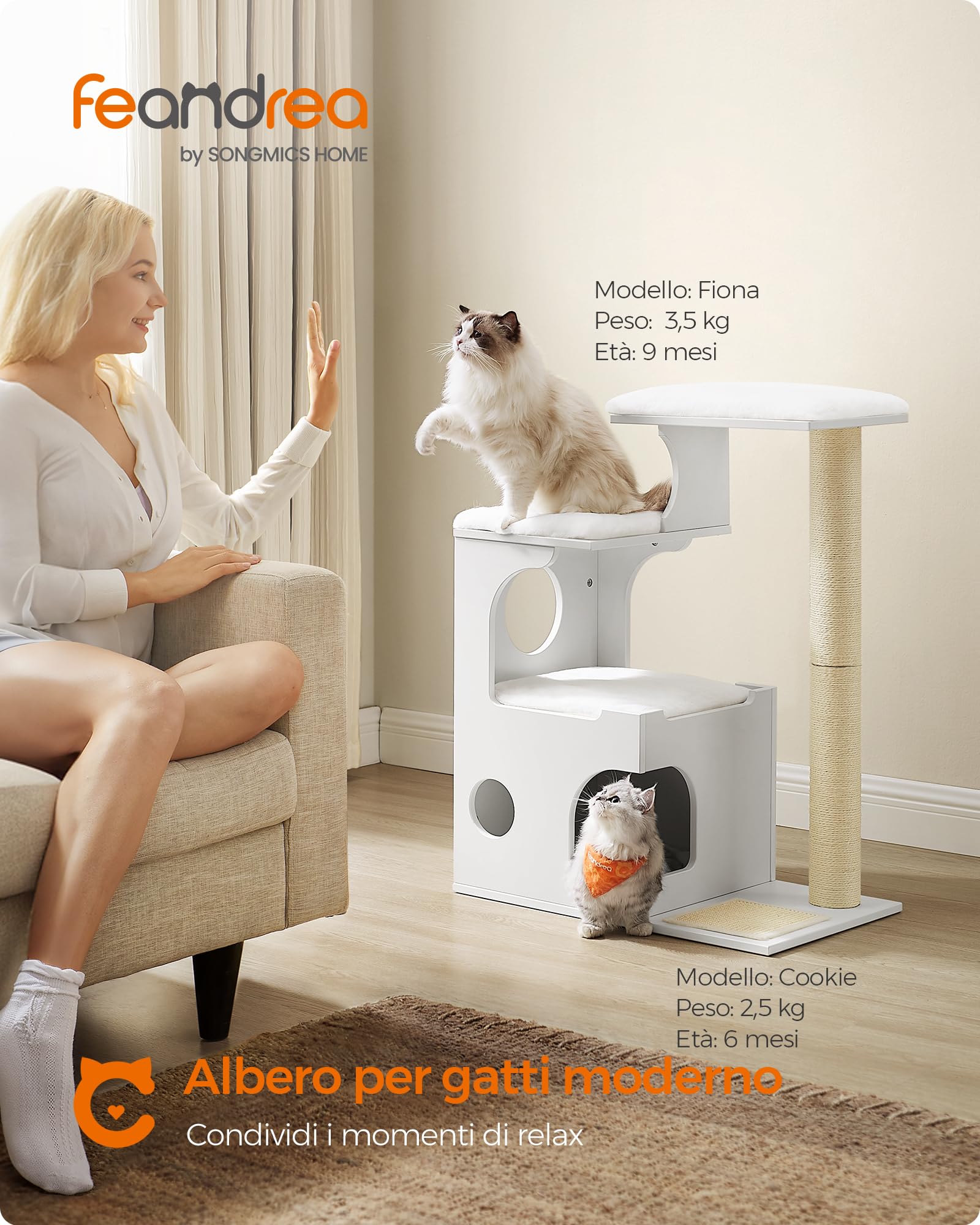 Feandrea Tiragraffi, Albero per Gatti di Truciolato Alto 86 cm, con Grotta, Posatoi, Colonna e Tappeto Graffiatoio in Sisal, Lavabili Tappeti in Pelliccia Sintetica, Bianco Nuvola PCT070W01