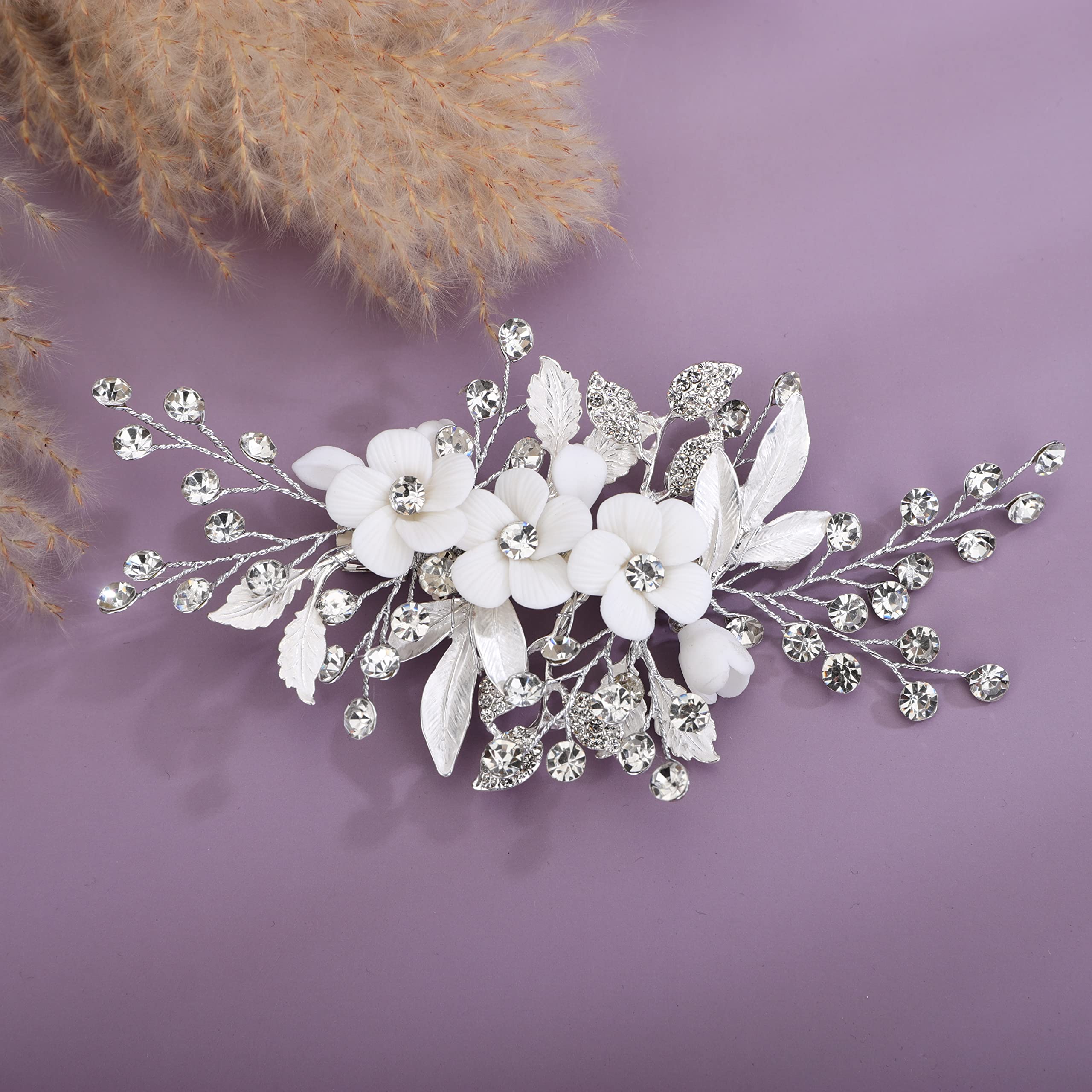Teyglen Flower Bridal Hair Clip Crystal Bride Wedding Hair Accessories Silver Hairpin Bridal Crystal Hair Barrettes Rhinestone Hair Piece Headpiece for Women Girls (Silver)