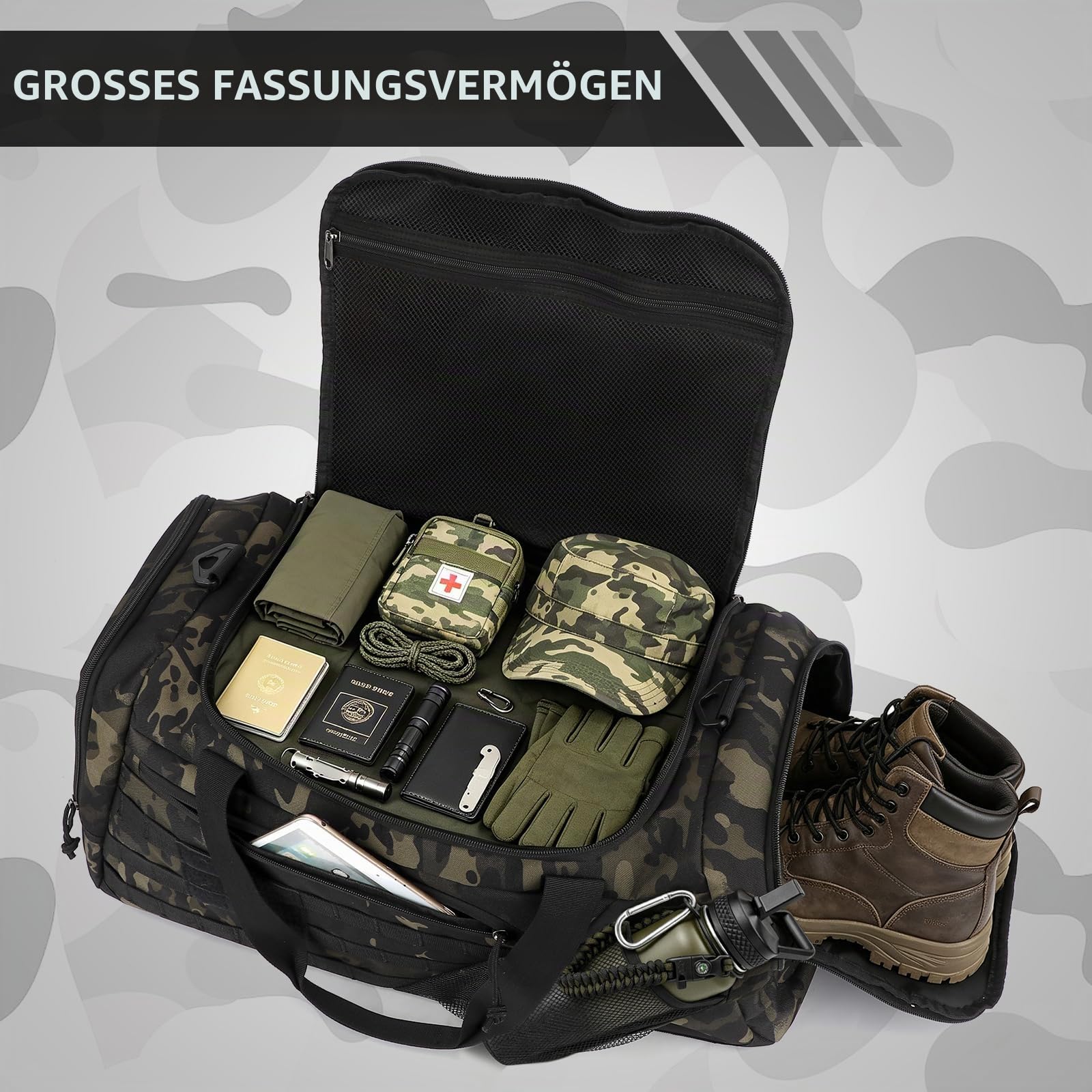 45L Taktische Reisetasche Rucksack für Herren Damen 3-in-1 Camouflage Sporttasche Militär mit Schuhfach Nassfach Multifunktionale Weekender für Gym Reisen Camping Wandern, Camo