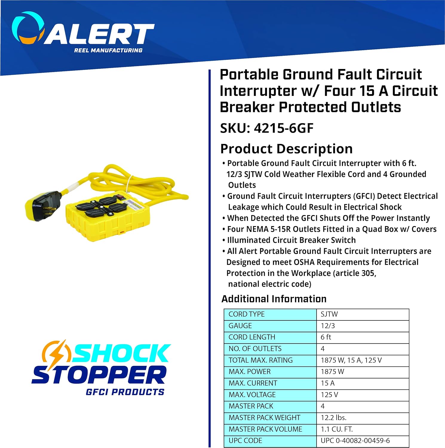 Alert 4215-6GFCI Portable Ground Fault Interrupter w/Four 15 A Circuit Breaker Protected Outlets, Yellow