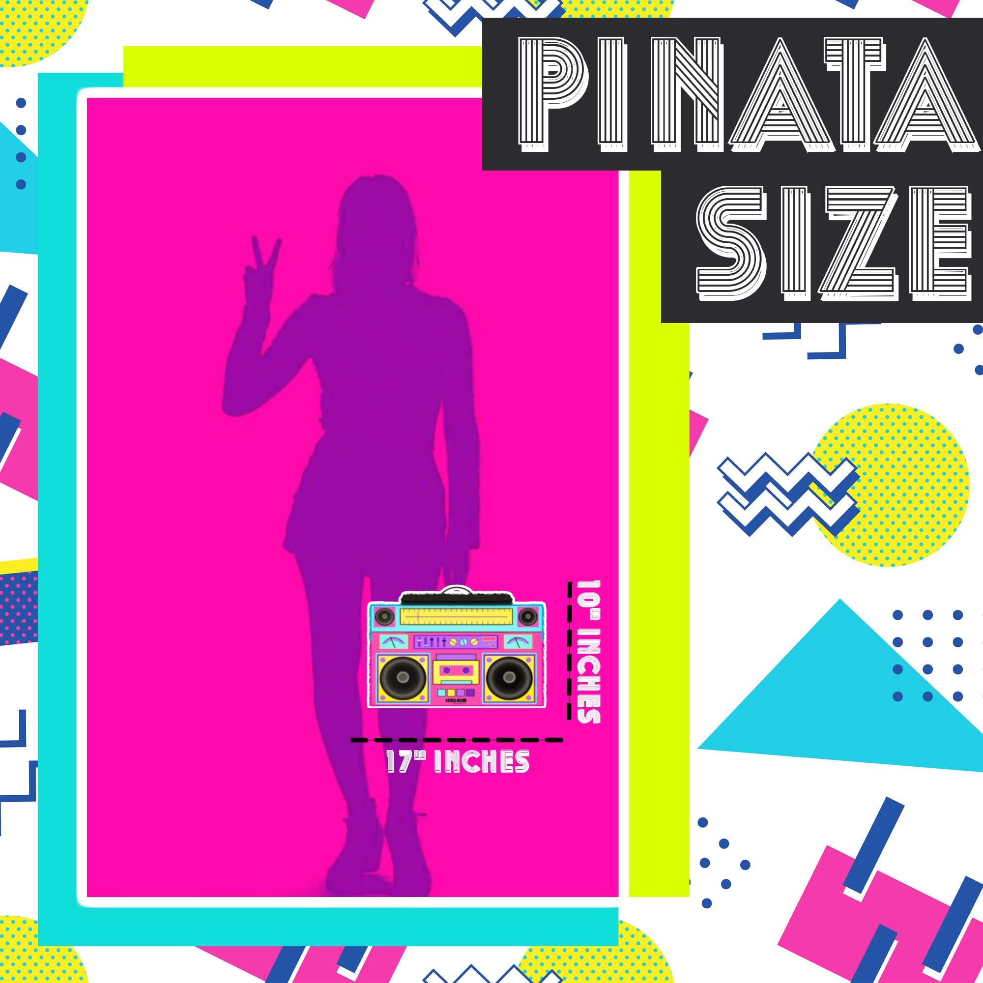 Boombox Pinata 4-Piece Set perfect for Retro Birthday Party, Decorations, 80s Parties, Hip Hop 90s, 1980’s Radio Piñata for kids and adults (17�X10�) durable!