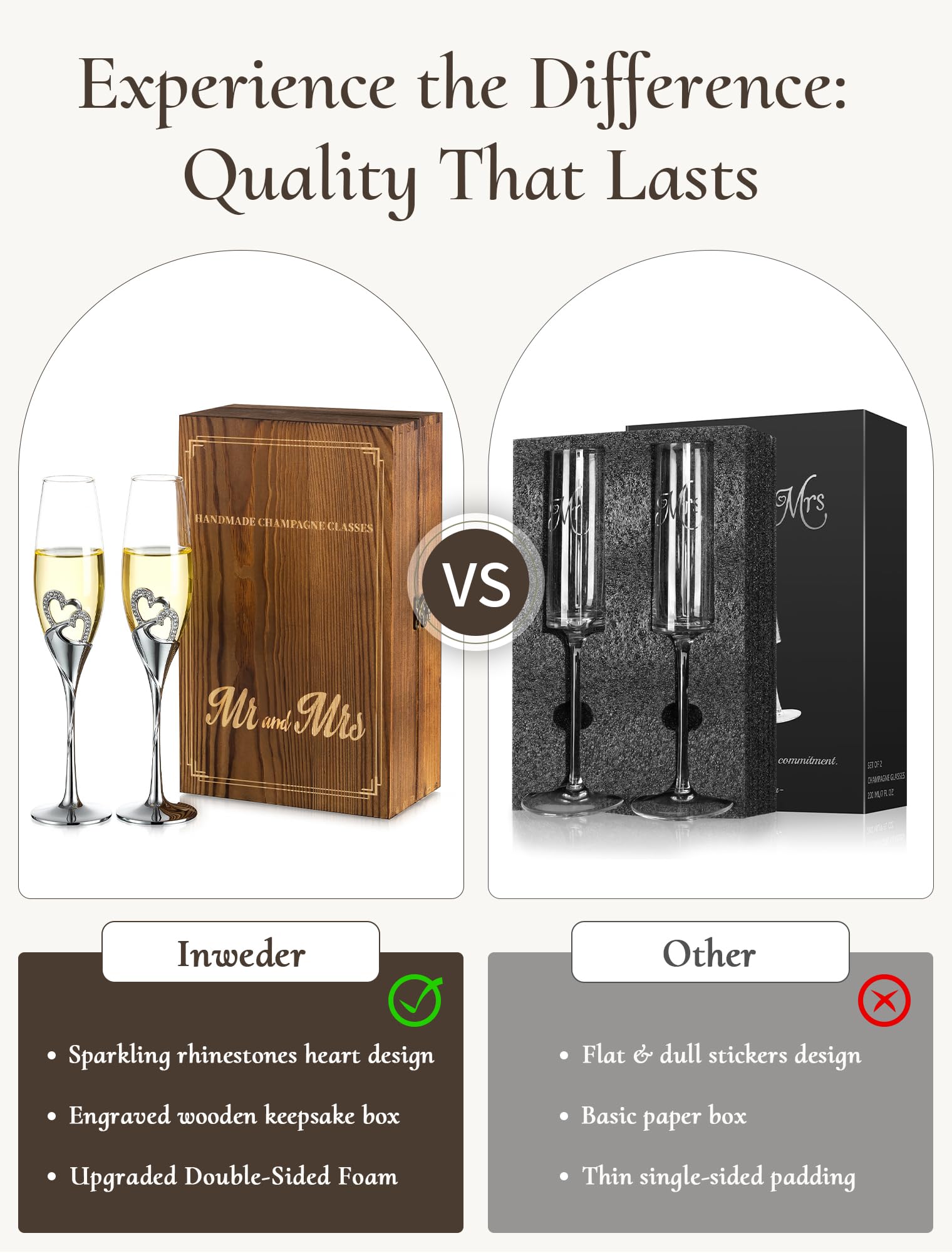 Flute Champagne Verre Cadeau Mariage Lot de 2 Argent Coupe Champagne avec Coffret Cadeau en Bois Gravé Flûtes à Champagne Anniversaire Demoiselle Honneur Fiançailles Cadeaux pour Couple