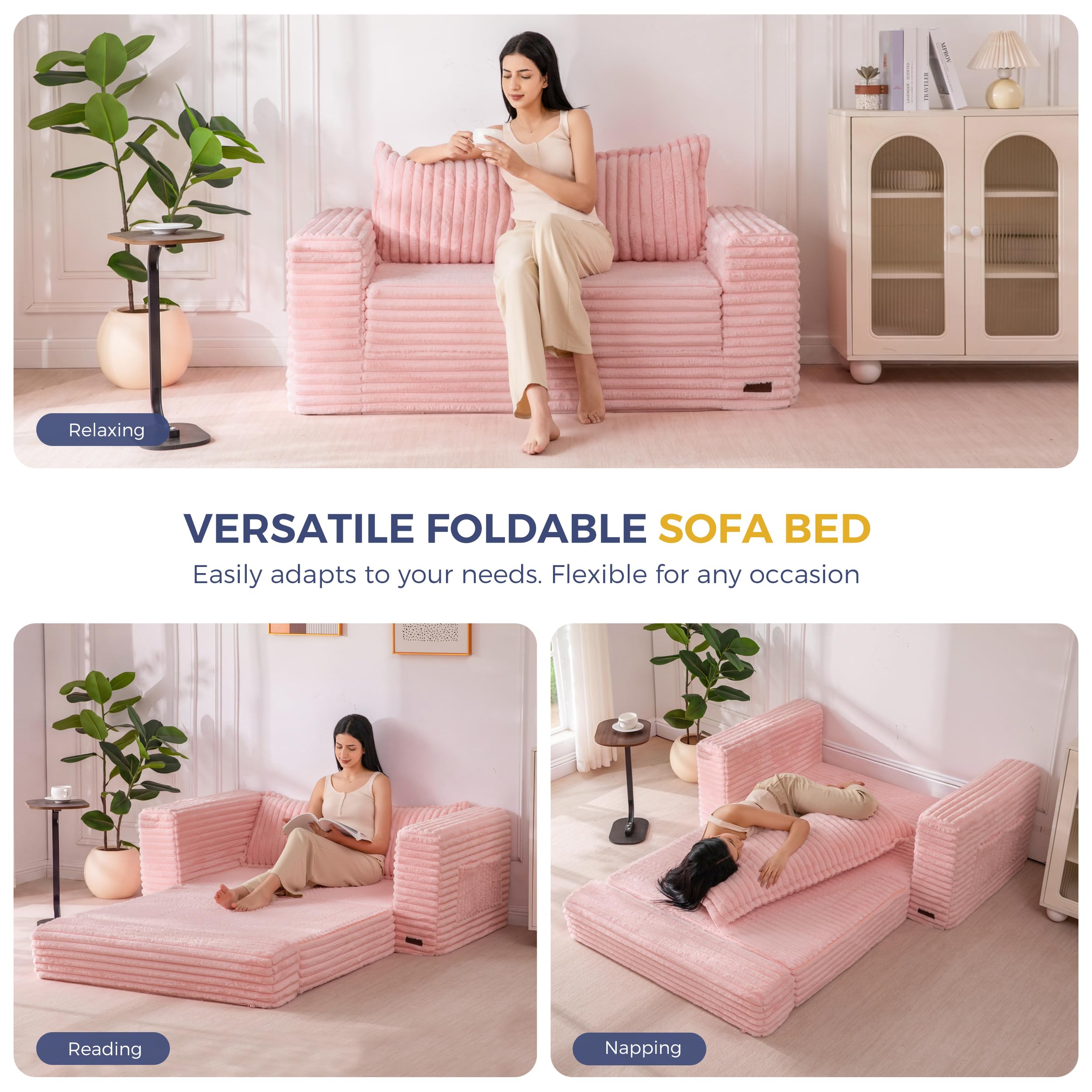 MAXYOYO Convertible Sofa Bed, Pull-Out Loveseat Couch Bed for Small Space | 2 in 1 Folding Couch Bed with Large Back Pillow, Plush Faux Fabric Lounge Couch for Living Room, Apartment, Pink