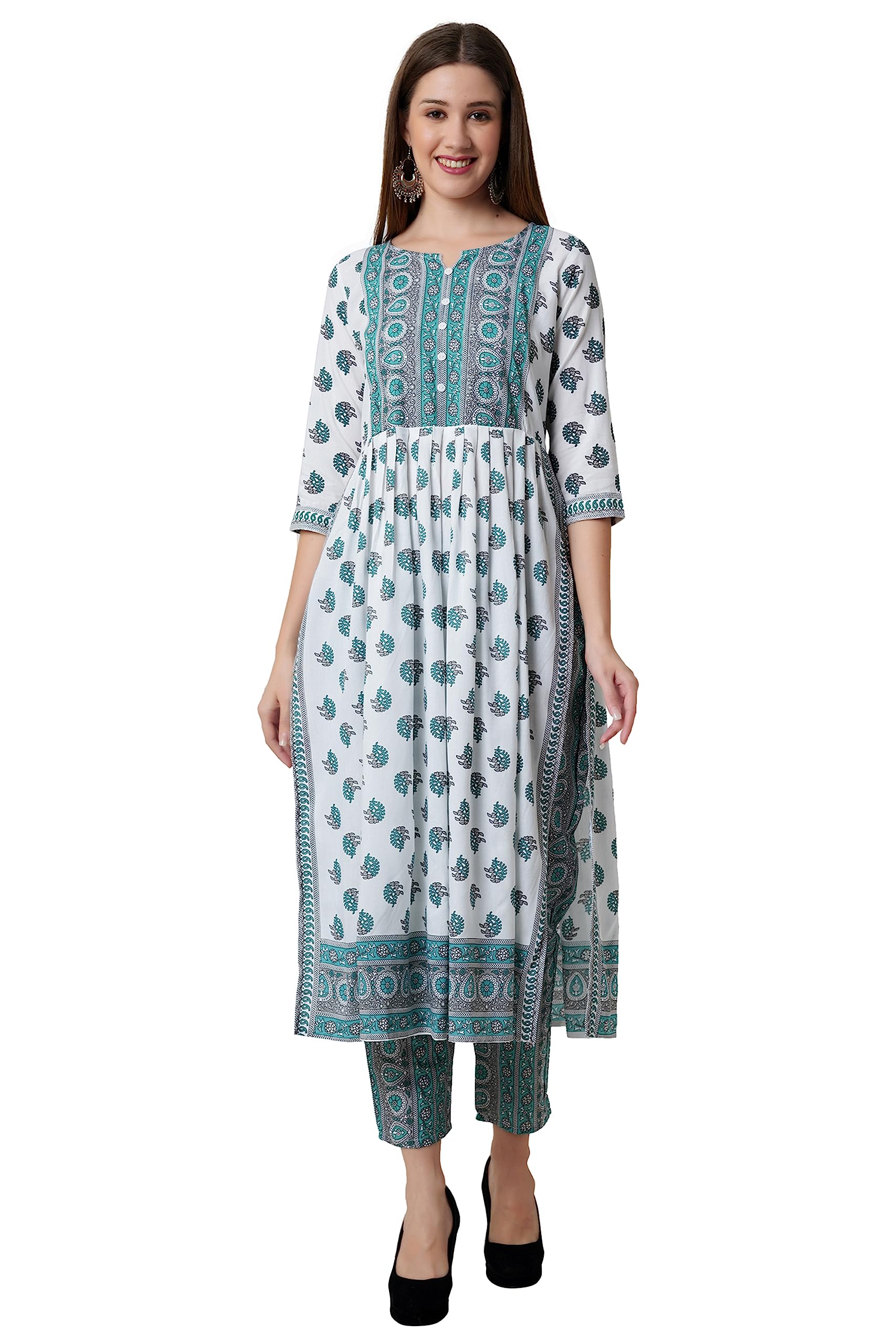 rytrasWomen's Rayon Printed Nayra Cut Kurta And Pant Set