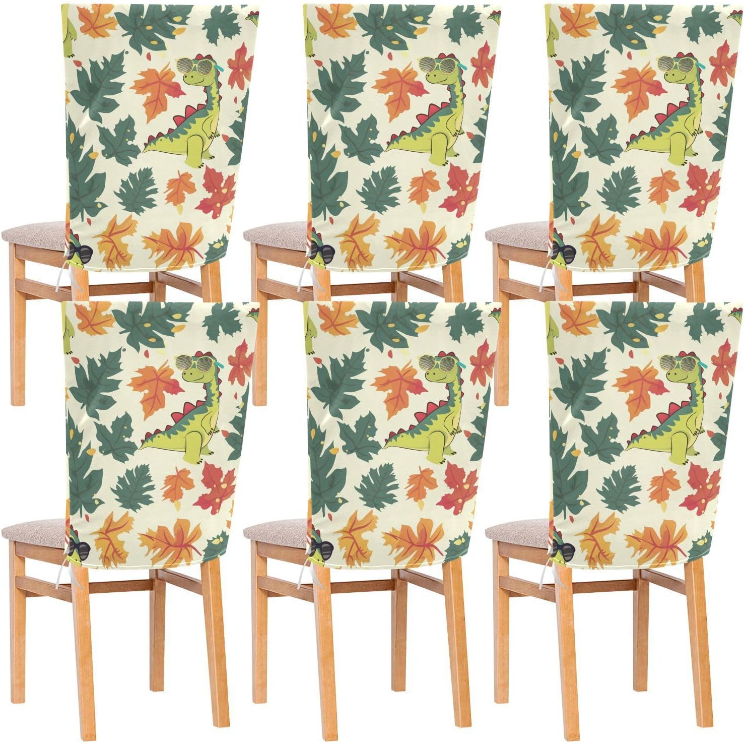 ALAZA Cool Dinosaur Leaves Chair Back Cover Set of 6, Washable Reusable Removable Chair Slipcovers Decorative Chair Cover for Home Kitchen Wedding Party