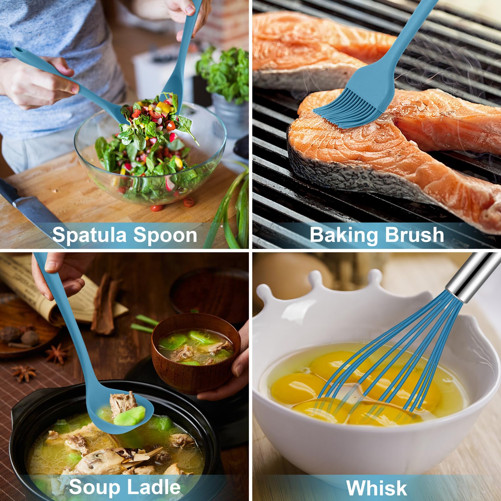 HaWare - Juego de utensilios de cocina de silicona de 13 piezas con soporte, herramientas de cocina que incluyen cuchara espátula giratoria, utensilios de cocina antiadherentes y resistentes al calor,