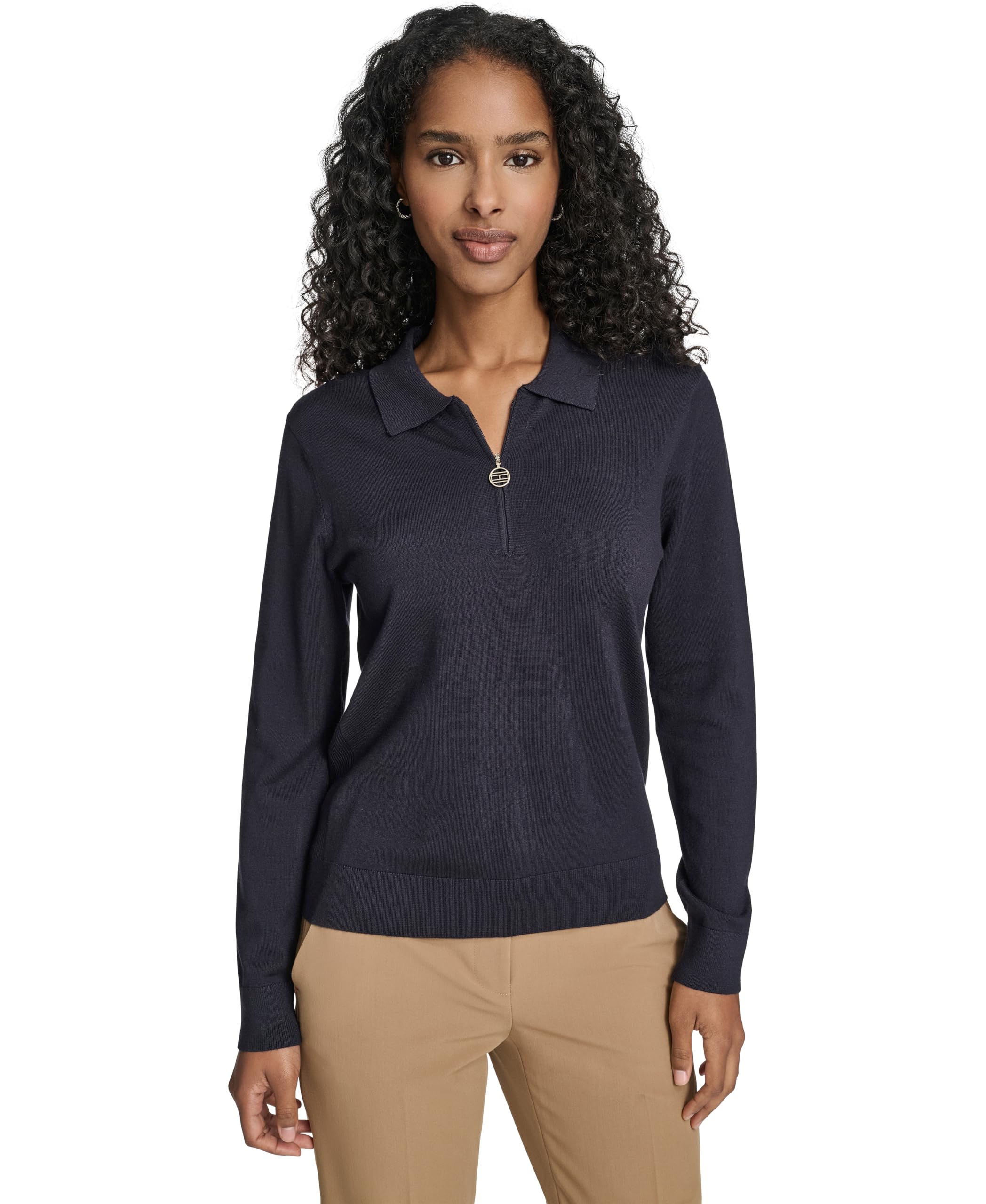 Tommy Hilfiger Women's Solid Long Sleeve Polo 1/4 Zip Sweater Large Midnight