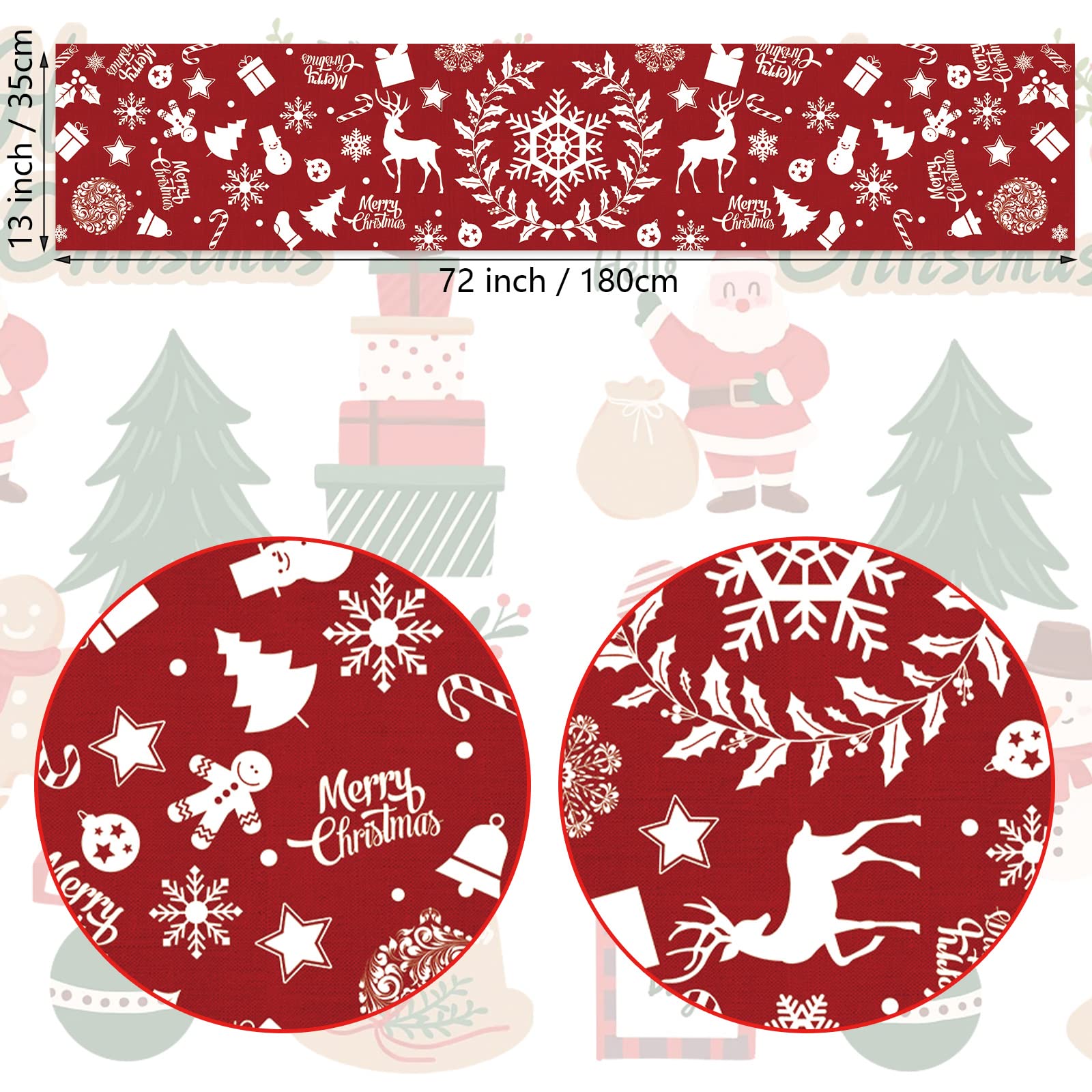 Red Christmas Table Runner, 13 x 72 Inch Xmas White Rentier Wreath Snowflake Pattern Table Runner - Image 2