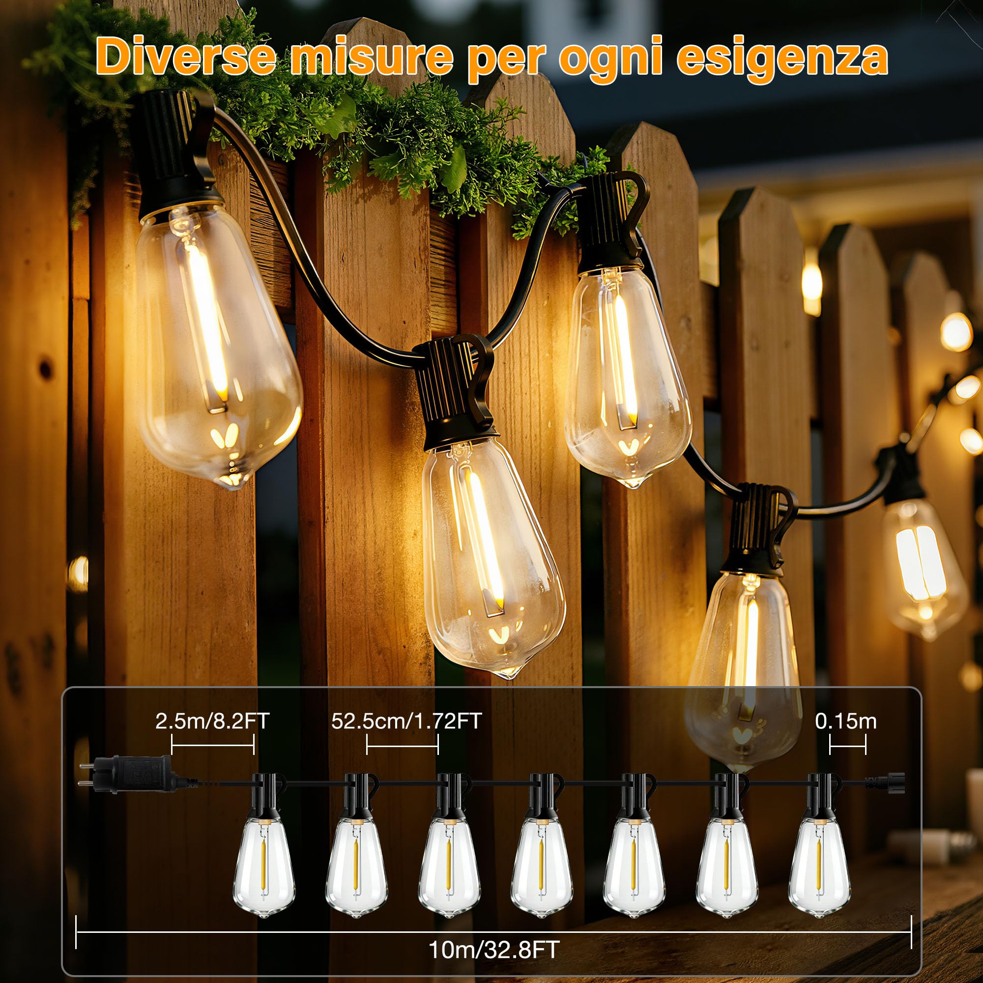 HeiPard Catena luminosa a LED per esterni, 10 m, 15 ST38, con telecomando, timer e dimmerabile, impermeabile per giardino, gazebo, terrazza, balcone, matrimoni, feste
