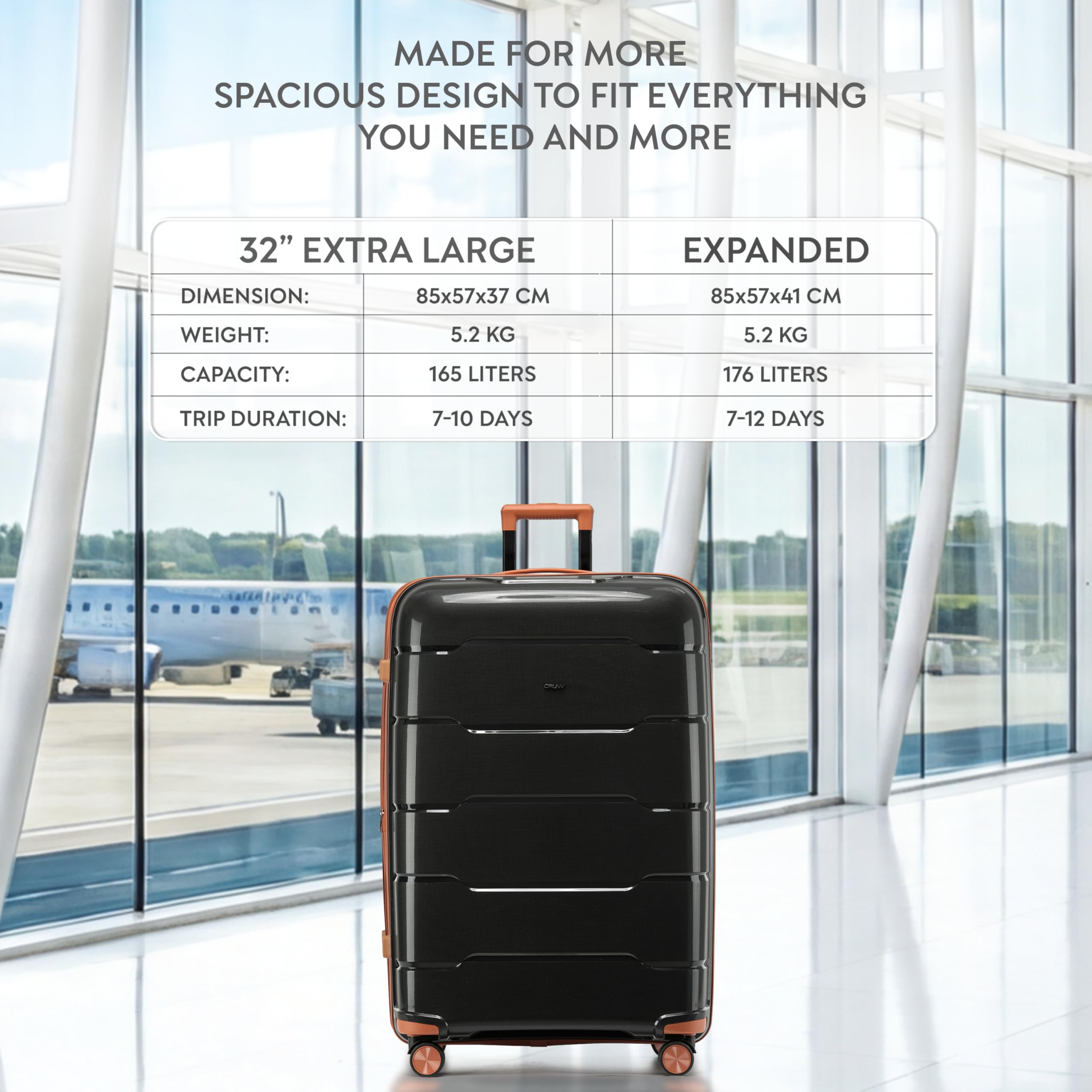 CRUW Extra Large 32" Checked Luggage 85x57x37cm + Expandable Hold Baggage (165/176 Liters) Polypropylene Suitcase TSA Approved Lock 8 Silent Spinner Wheels Lightweight Suitcases Airline Travel