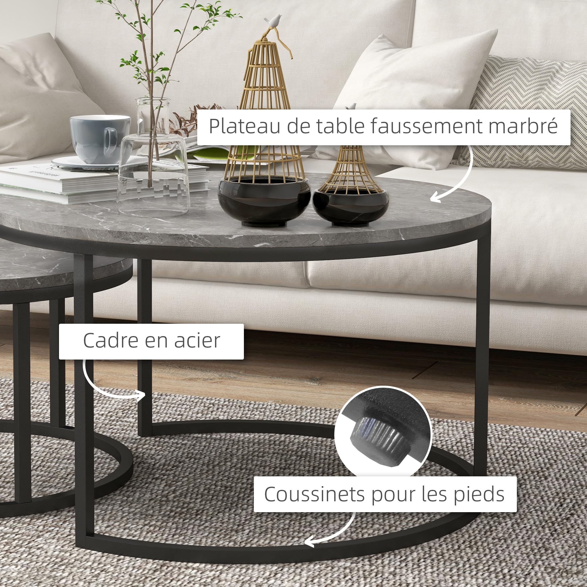 HOMCOM Lot de 2 Tables Basses gigognes, Table Basse Ronde, empilable, Design Industriel, Pieds en métal, Gris