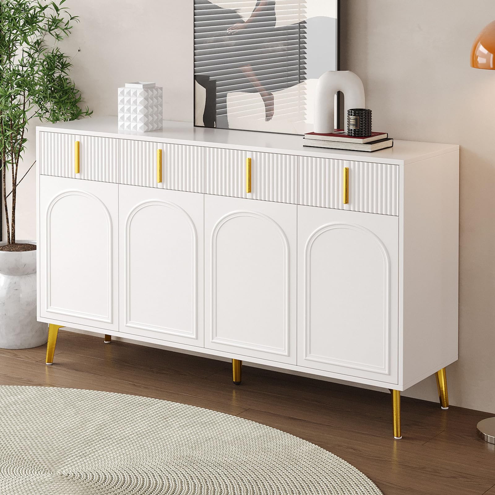 Sideboard mit 4 Türen, Modern Kommode mit 4 Schubladen, Schubladenschrank mit Griff und Beine, Küchenschrank für Flur, Schlafzimmer, Wohnzimmer, Geschwungenes Design, 140x38x82cm, Weiß