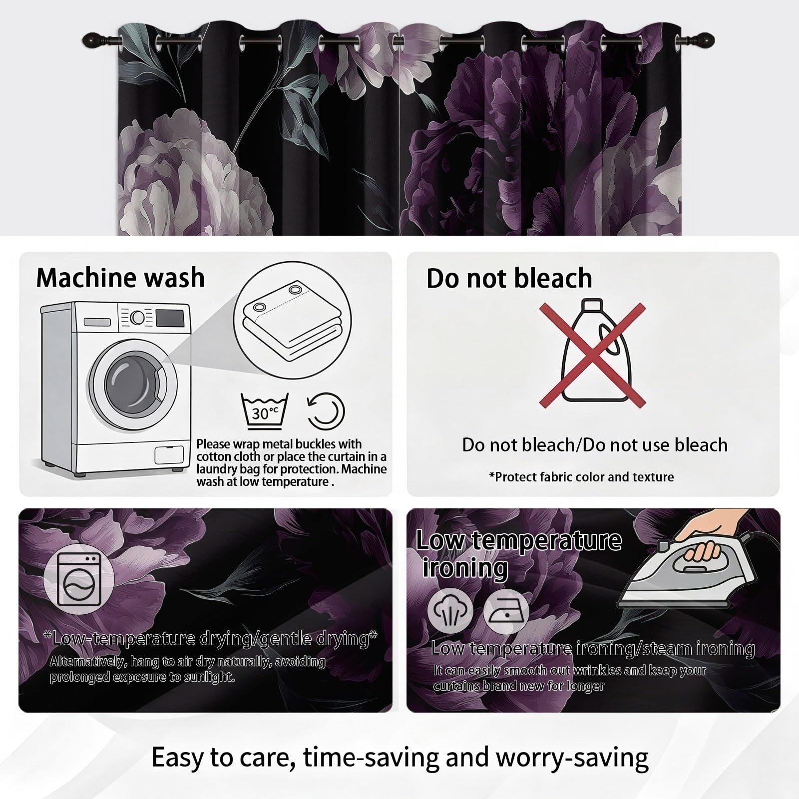 Rideaux Occultants Plante Floral 75L X 166H cm (2 Panneaux), Isolation Thermique Fixation par Oeillets Pivoines Gothiques pour Chambre À Coucher, Noir Violet