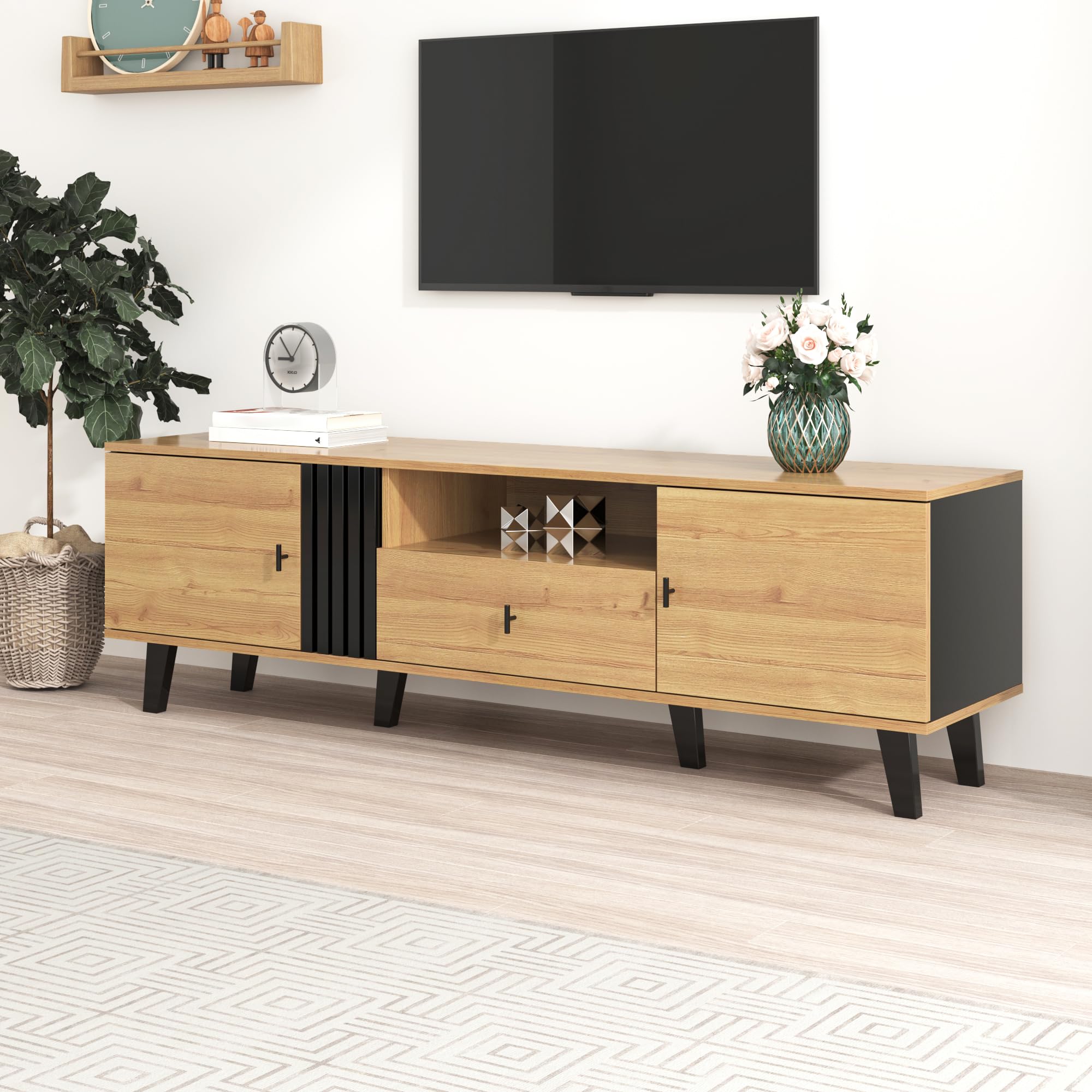 Elegancia elegante: mueble de TV de 170 cm con diseño de madera y negro, mueble de TV, mueble bajo con cajones, múltiples funciones de almacenamiento, aspecto único