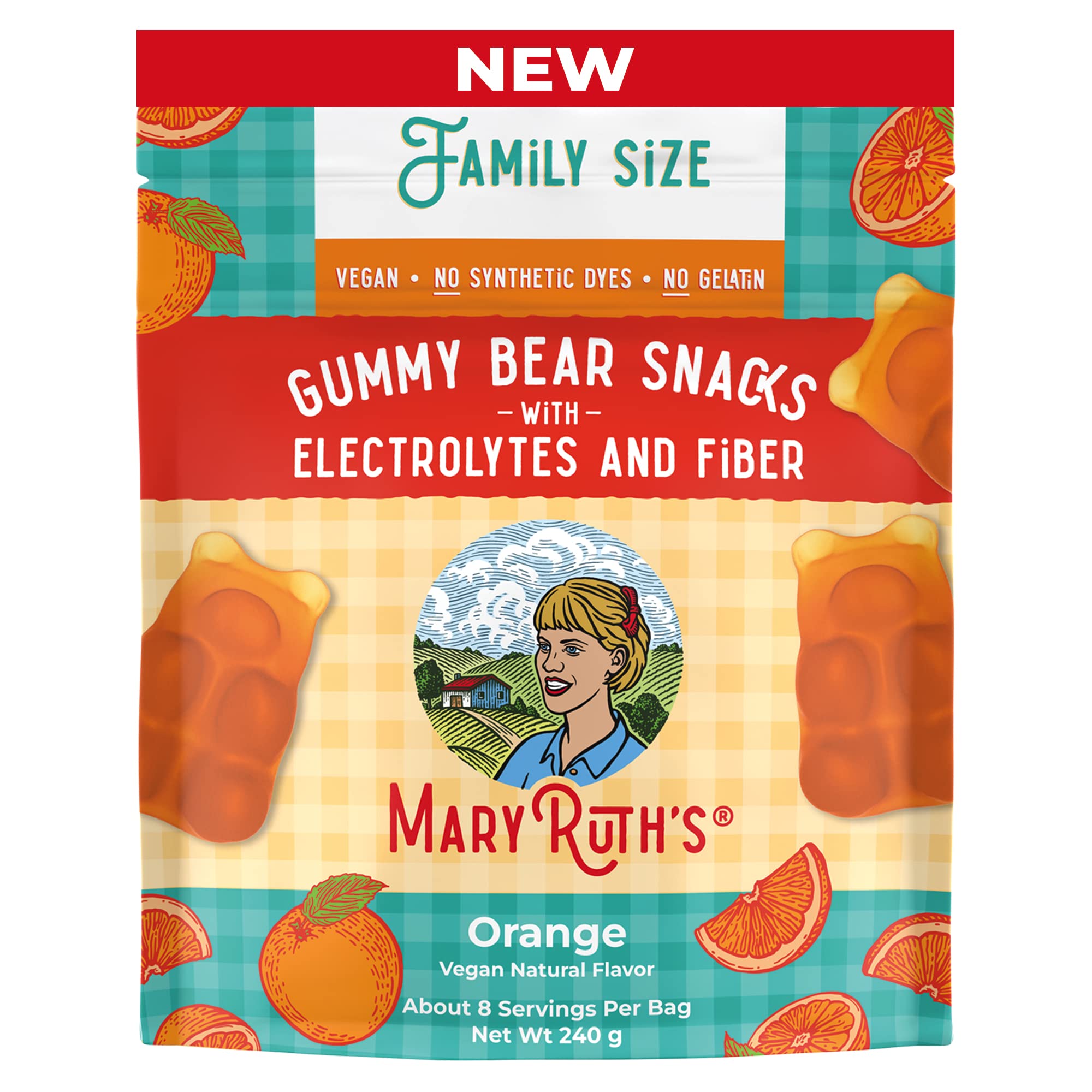 MaryRuth Organics Gummy Bears Snacks | Delicious Gummies with Electrolytes and Fiber | Gummy Candy Made with Cane Sugar | Orange | Vegan | Gluten Free | Non-GMO | Family Size | 240g