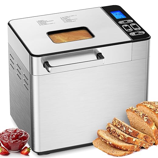 EUHOMY Bread Maker Machine 13 Program 2LB Bread Maker, Bread Machine with 3 Loaf Sizes and 3 Crust Colors, Breadmaker with Fruit & Nut Dispenser,Ideal for Family Gifts, Gluten Free