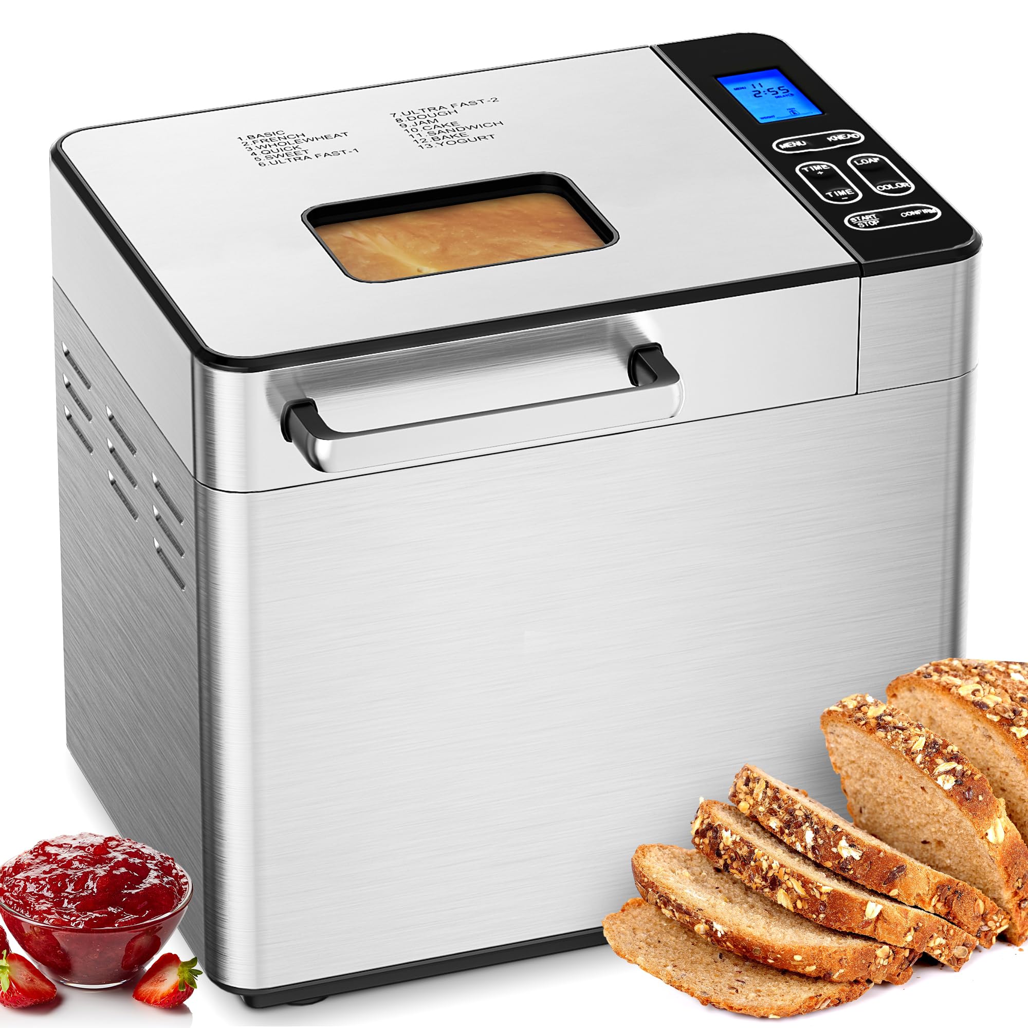 EUHOMY Bread Maker Machine 13 Program 2LB Bread Maker, Bread Machine with 3 Loaf Sizes and 3 Crust Colors, Breadmaker with Fruit & Nut Dispenser,Ideal for Family Gifts, Gluten Free
