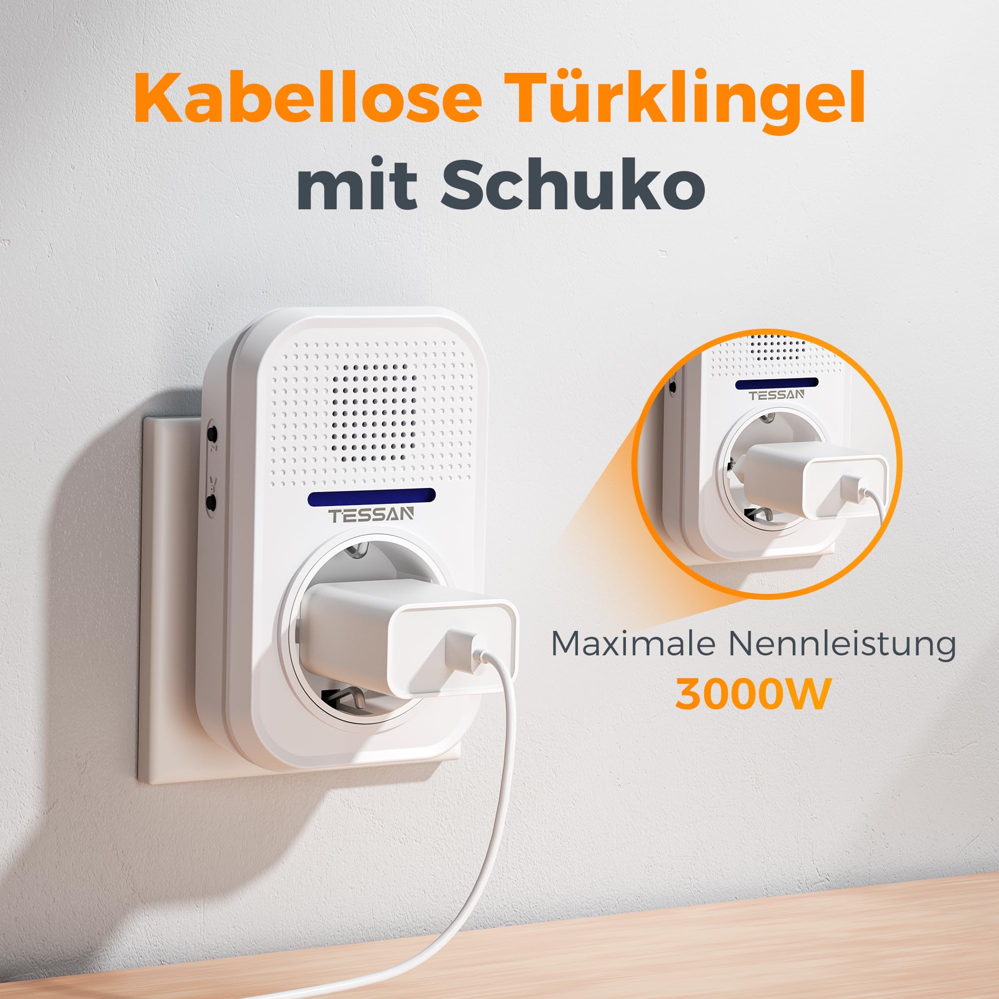 TESSAN Kabellose Türklingel Batterielose, Türklingel Funk mit EU Steckdose, Wasserdicht Klingel Funk mit Steckdosen, Funkklingel mit 4 Lautstärke Stufen, 32 Klingeltöne, 150M
