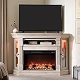 OKD 56'' Corner Fireplace TV Stand for 65 Inch TV, Farmhouse Entertainment Center w/ 30'' Electric Fireplace, Media Console for Living Room - Hidden Flip-Up Cubby, Shelves & LED, Antique Brush White