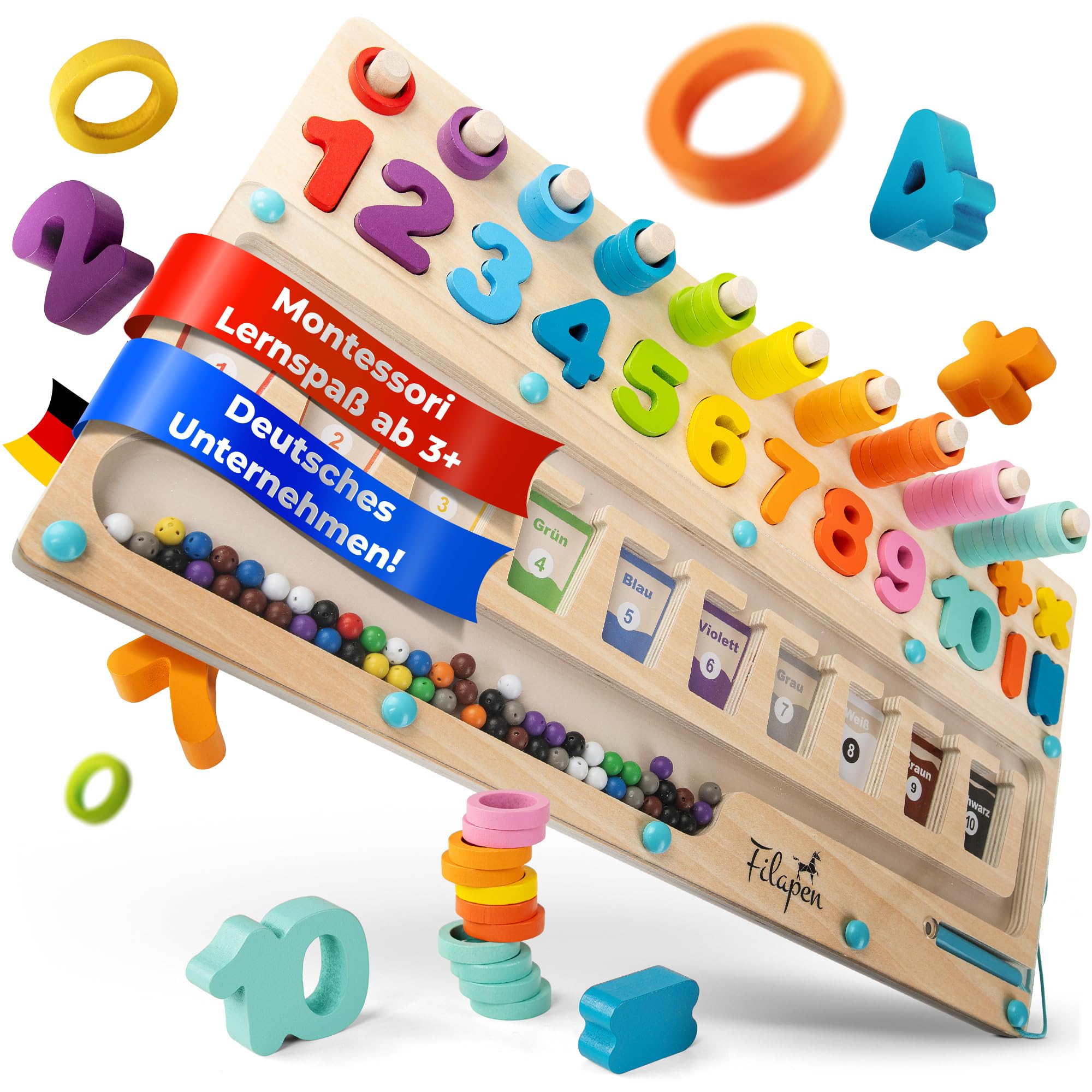 Filapen® Montessori zabawka od 3 lat, edukacyjna zabawka motoryczna, nauka kolorów i liczb, gra magnetyczna z drewna