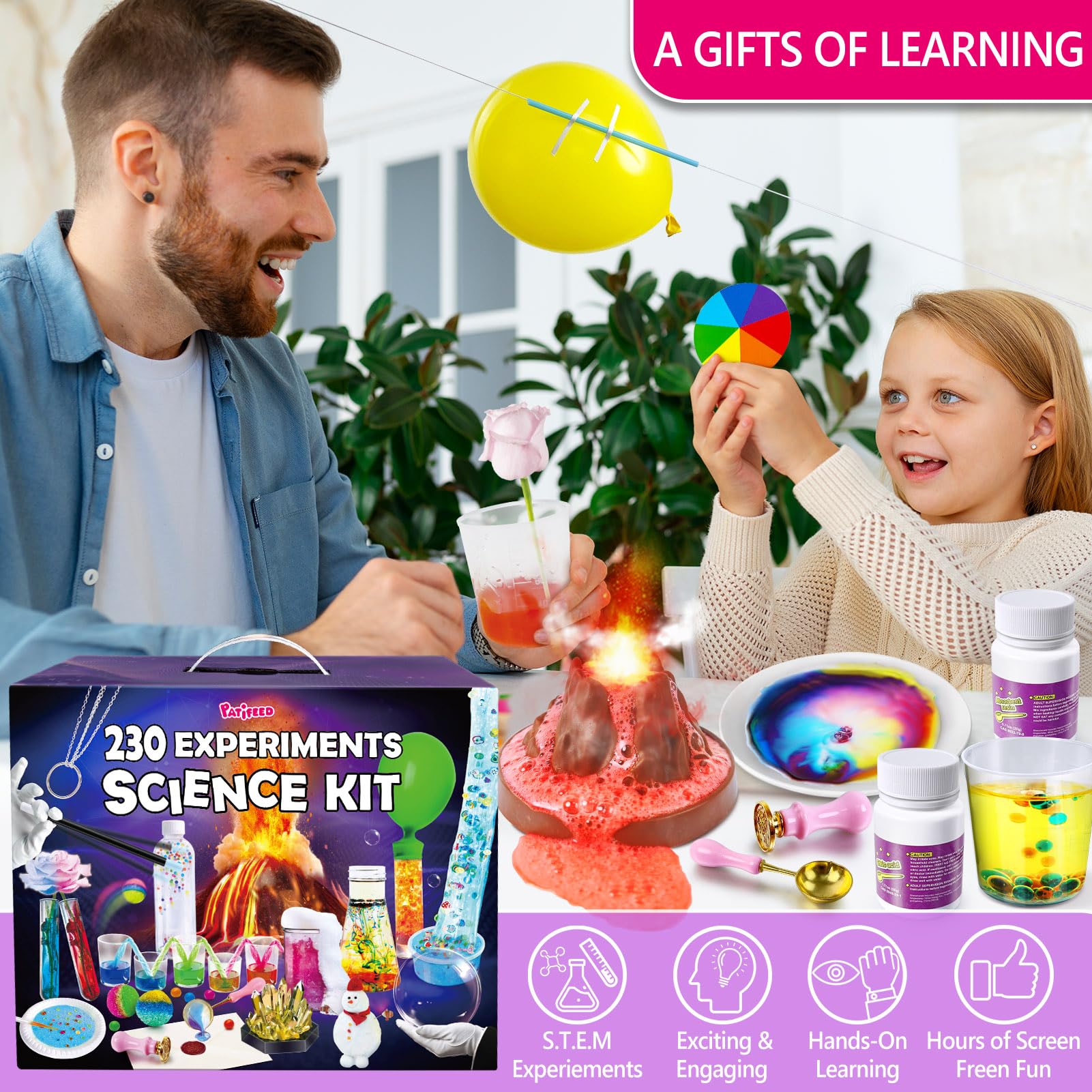 PATIFEED 230 Esperimenti Kit Scienza per Bambini Ragazzi Ragazze Regali Idea S.T.E.M Giocattoli con Magia Chimica Set Cristallo Crescente Fisica Vulcano