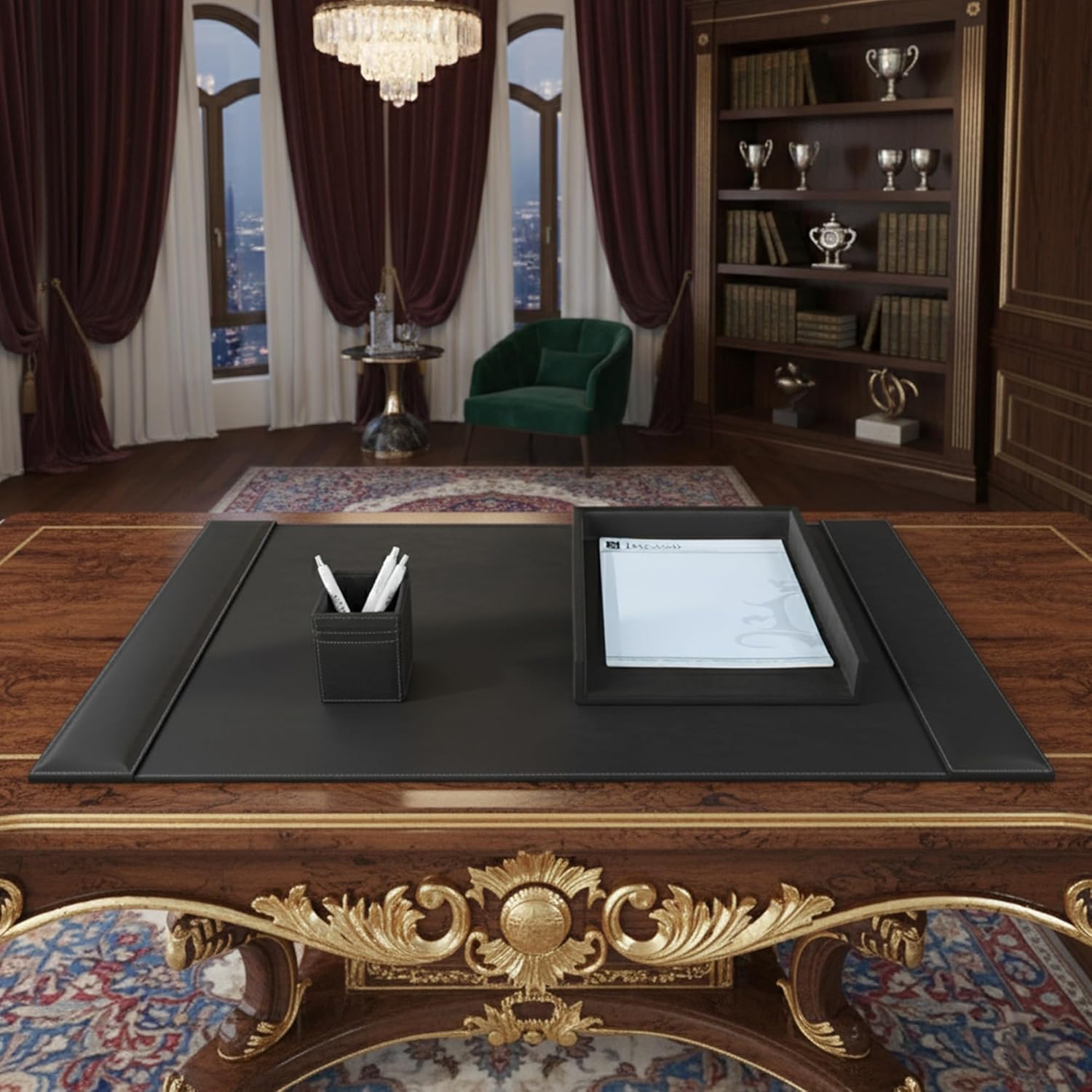 Dacasso Rustic Black Leather Desk Set, 3-Piece