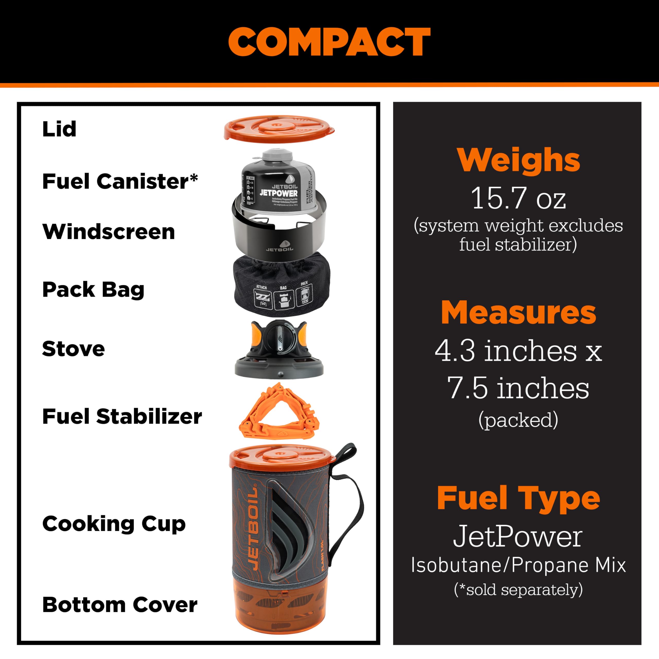 Jetboil Flash 1.0L Tragbarer Schnellkochkocher mit Windschutz für Camping und Rucksackreisen, 1-stufige automatische Zündung, Neu für 2026, Propan/Isobutan-Brenner, Topo