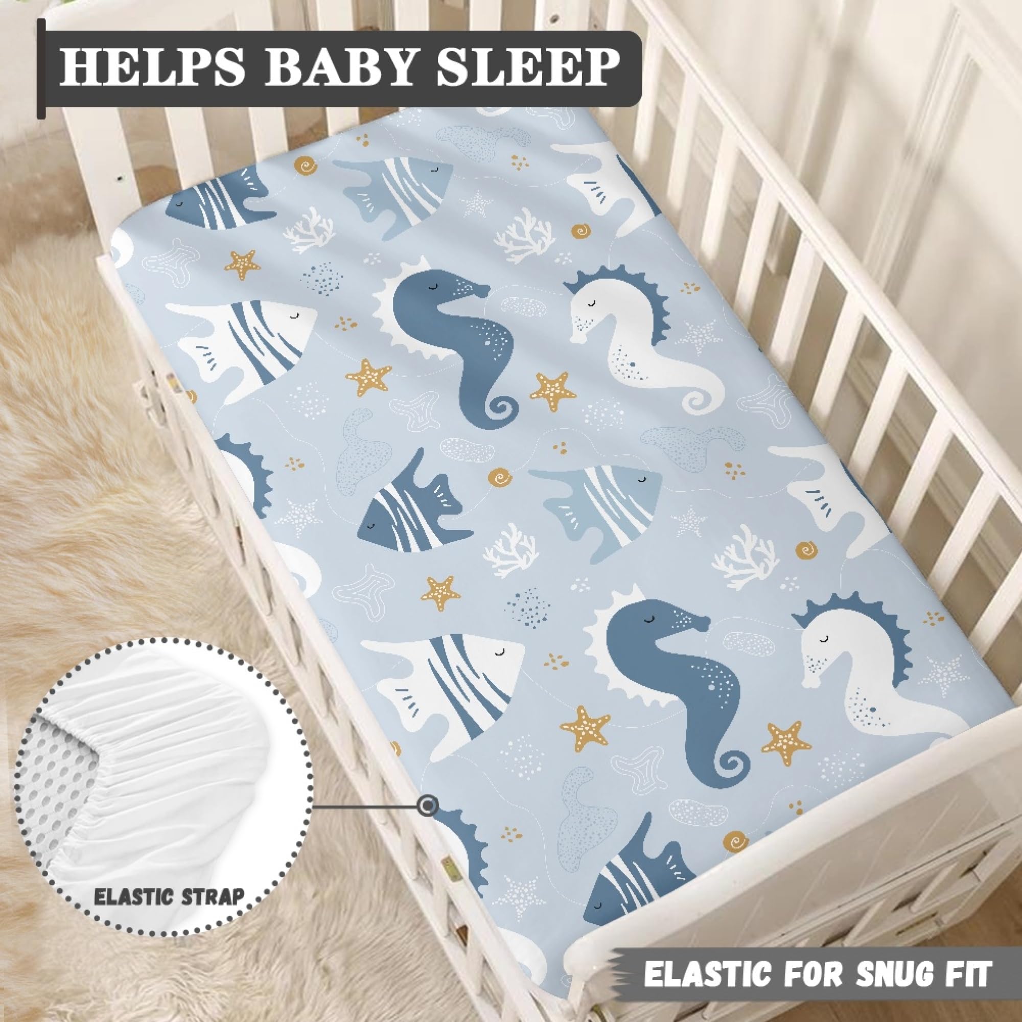 Sábanas para cuna de bebé de animales marinos para niños y niñas, transpirable, suave, sábana bajera ajustable para colchón estándar de niños pequeños, 52 x 28 x 8 pulgadas
