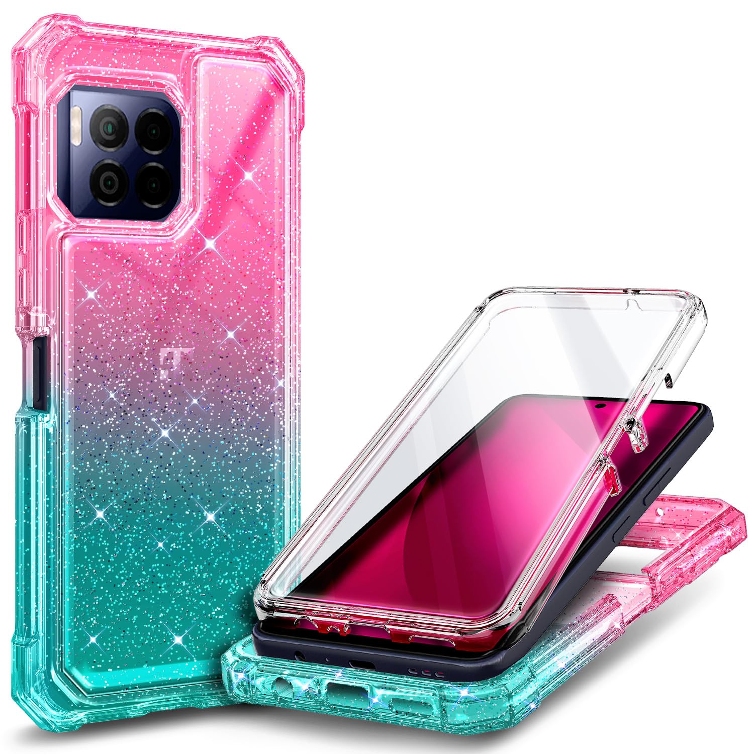 NZND Designed for T-Mobile REVVL 7 PRO 5G Case with [Built-in Screen Protector], Full-Body Shockproof Protective Rugged Bumper Cover Phone Case for REVVL 7 PRO (Glitter Pink/Aqua)