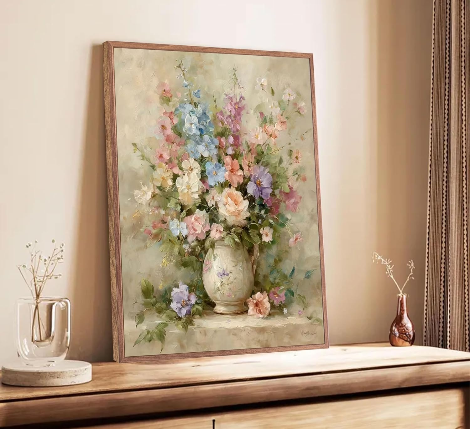 Framed Vintage Farmhouse Floral Wall Art Still Life Flower Canvas Poster Print Flowers in Vase Picture French Country Painting Wall Decor for Bedroom Living Room Bathroom 12x16in
