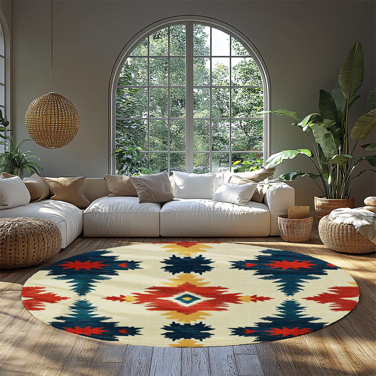 Południowo-zachodni okrągły plemienny dywan Aztec Boho Abstrakcyjna geometryczna wycieraczka miękka antypoślizgowa zmywalna miękka obręcz Meble Home Office Bar Decor 150 cm