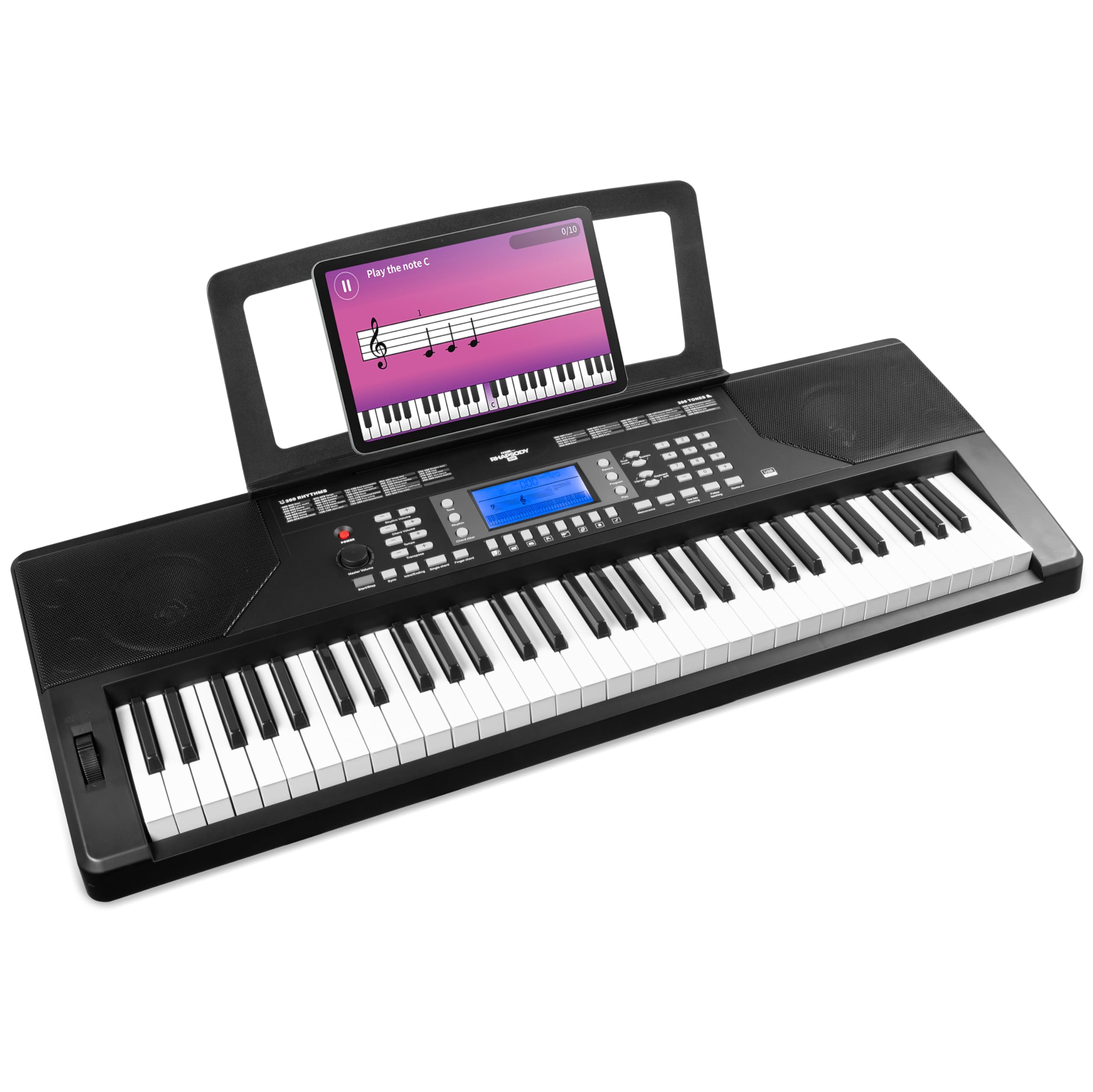MAX Rhapsody61P - Teclado Piano eléctrico de 61 teclas sensibles, función de aprendizaje, altavoces, pantalla, 50 canciones de demo, para principiantes y profesionales, 300 sonidos, 8 percusiones