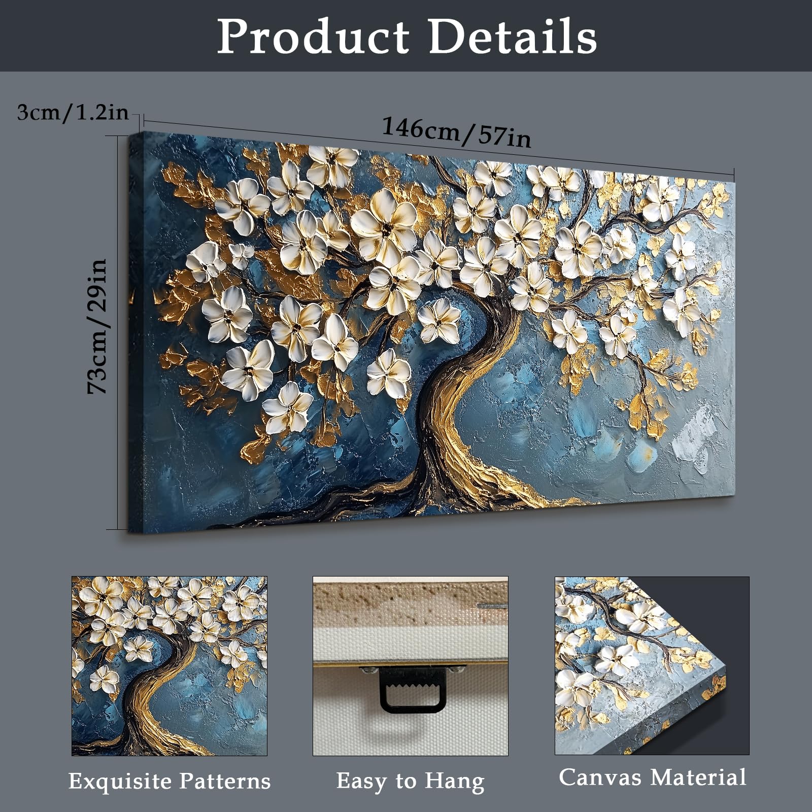 JHHUAMO Leinwand Bilder Groß, Modernes Wohnzimmerbilder, Weiße Blumen auf dem Baum des Lebens Ölgemälde, Wanddekoration Ästhetisches für Schlafzimmer Büro Treppe Esszimmer Arbeitszimmer Flur 73x146 cm