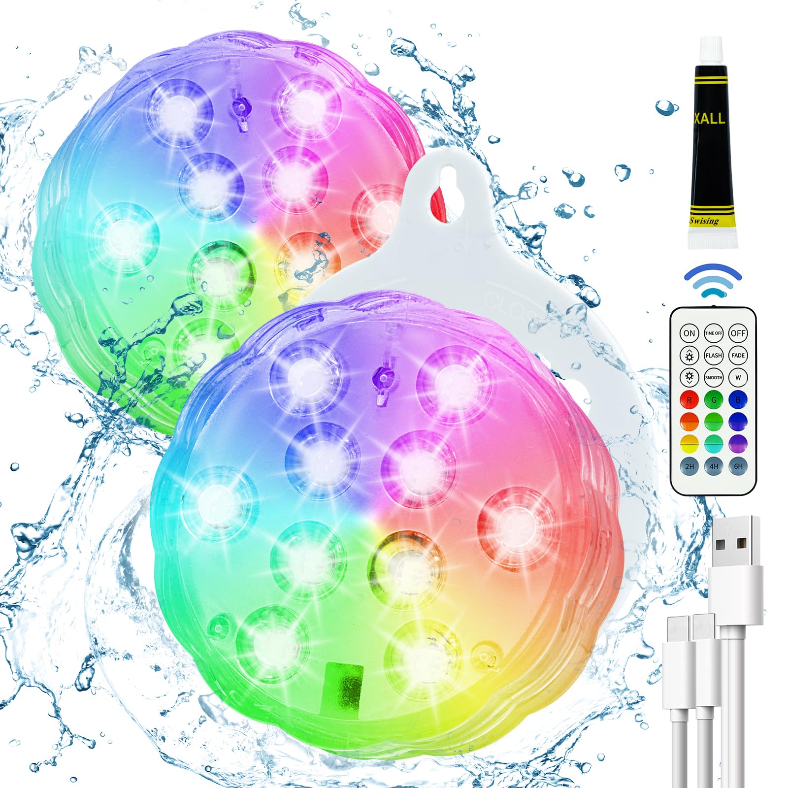 Trayvespace Underwater Pool Light(2pcs), 1200mAh Rechargeable Underwater LED with RF Remote Control, RGBW IP68 Waterproof Underwater Light for Spa, Swimming Pool, Bathtub, Party
