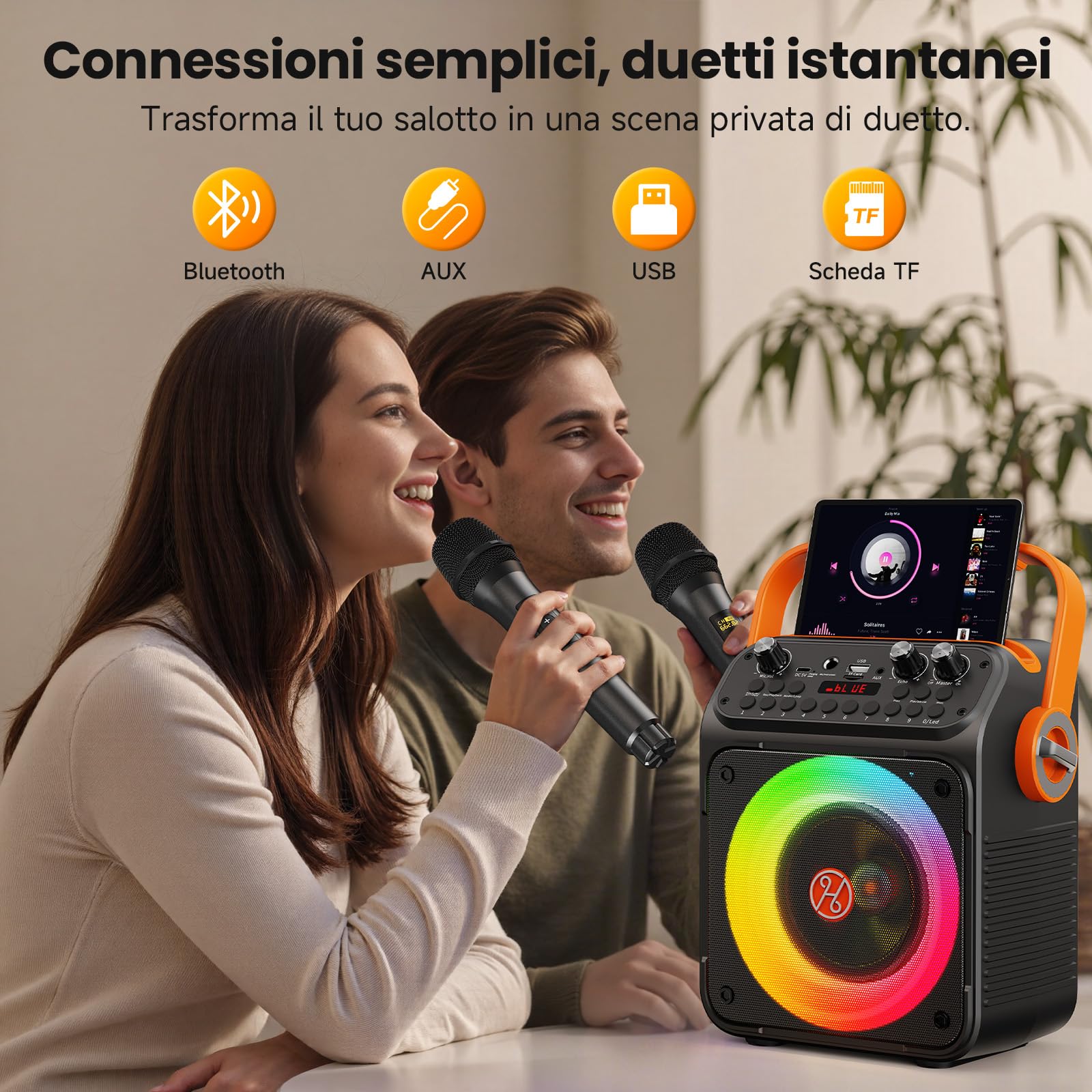 HWWR Impianto karaoke con 2 microfoni, altoparlante Bluetooth con subwoofer da 6,5 pollici, effetti luminosi RGB, box karaoke portatile per adulti e bambini, feste di famiglia, feste e all'aperto