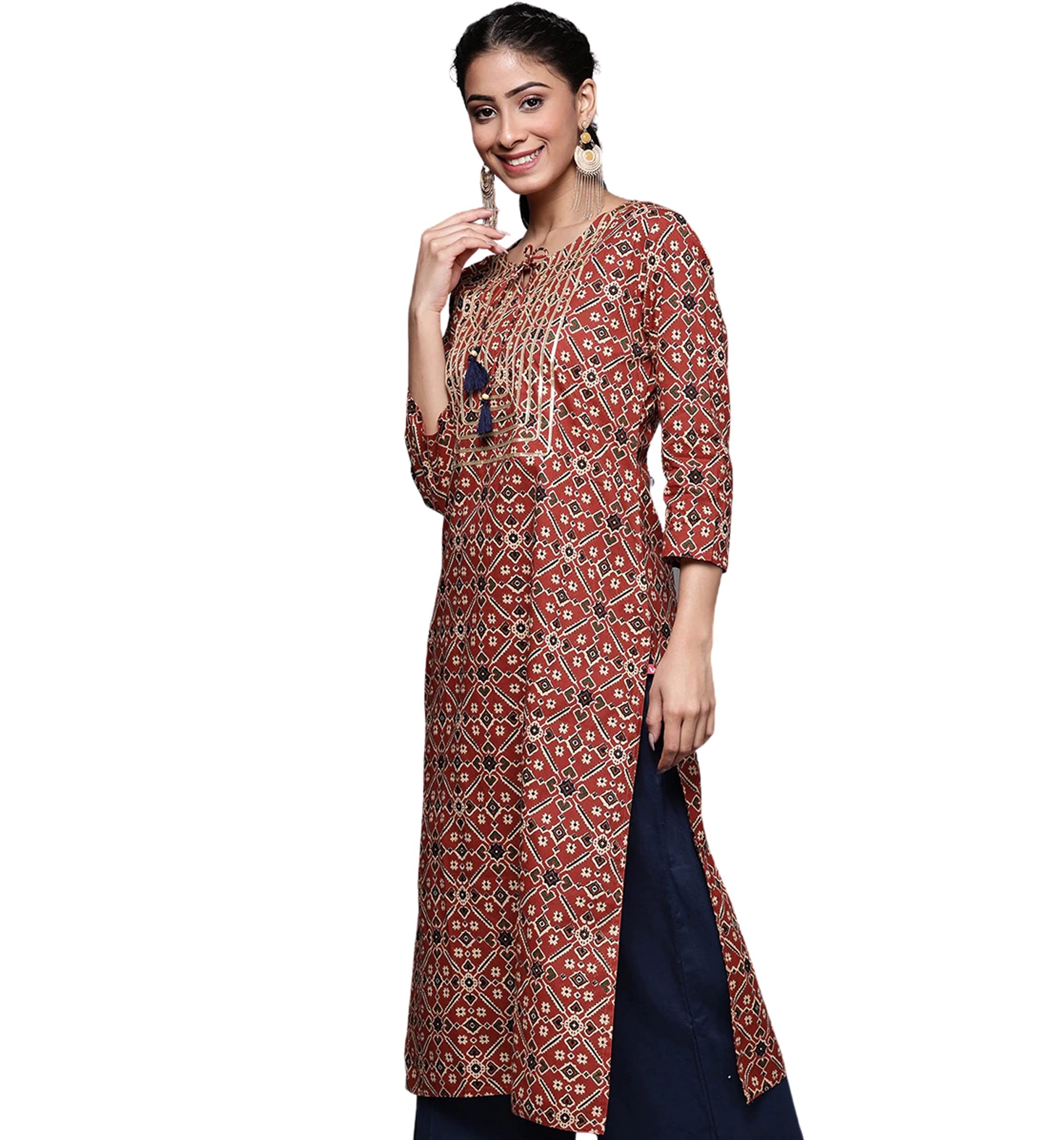 rytras Women's Cotton Printed Straight Kurta(RYT310_Maroon_Medium)
