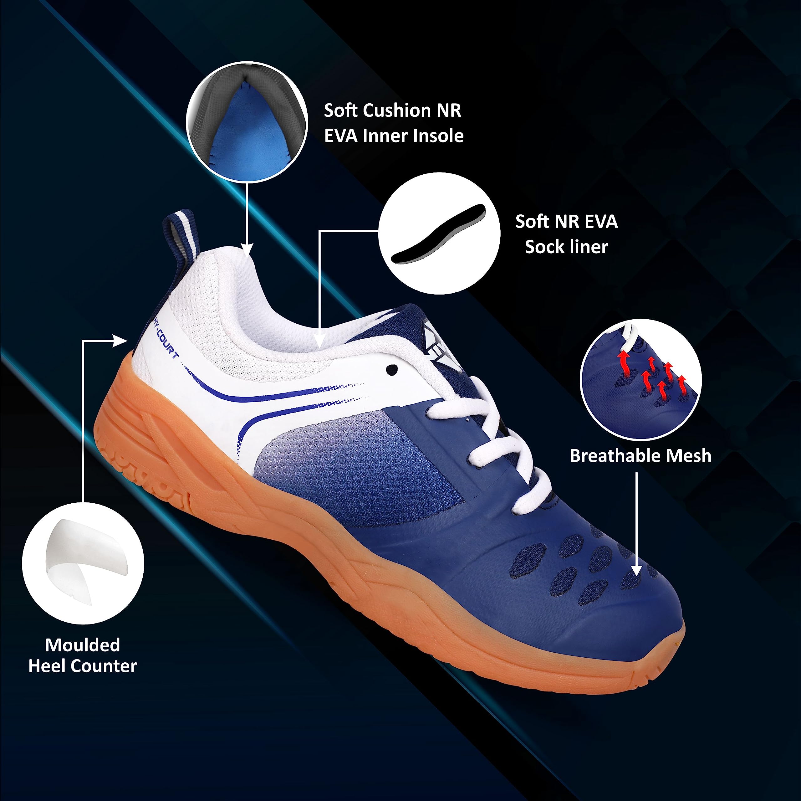 Nivia HY‑Court 2.0 Badminton Shoes for Kids, Breathable Mesh & TPU Upper, Duo‑Foam Midsole, Non‑Marking Multi‑Directional Rubber Sole, Ideal for Junior Court Sports (Blue/White), UK12