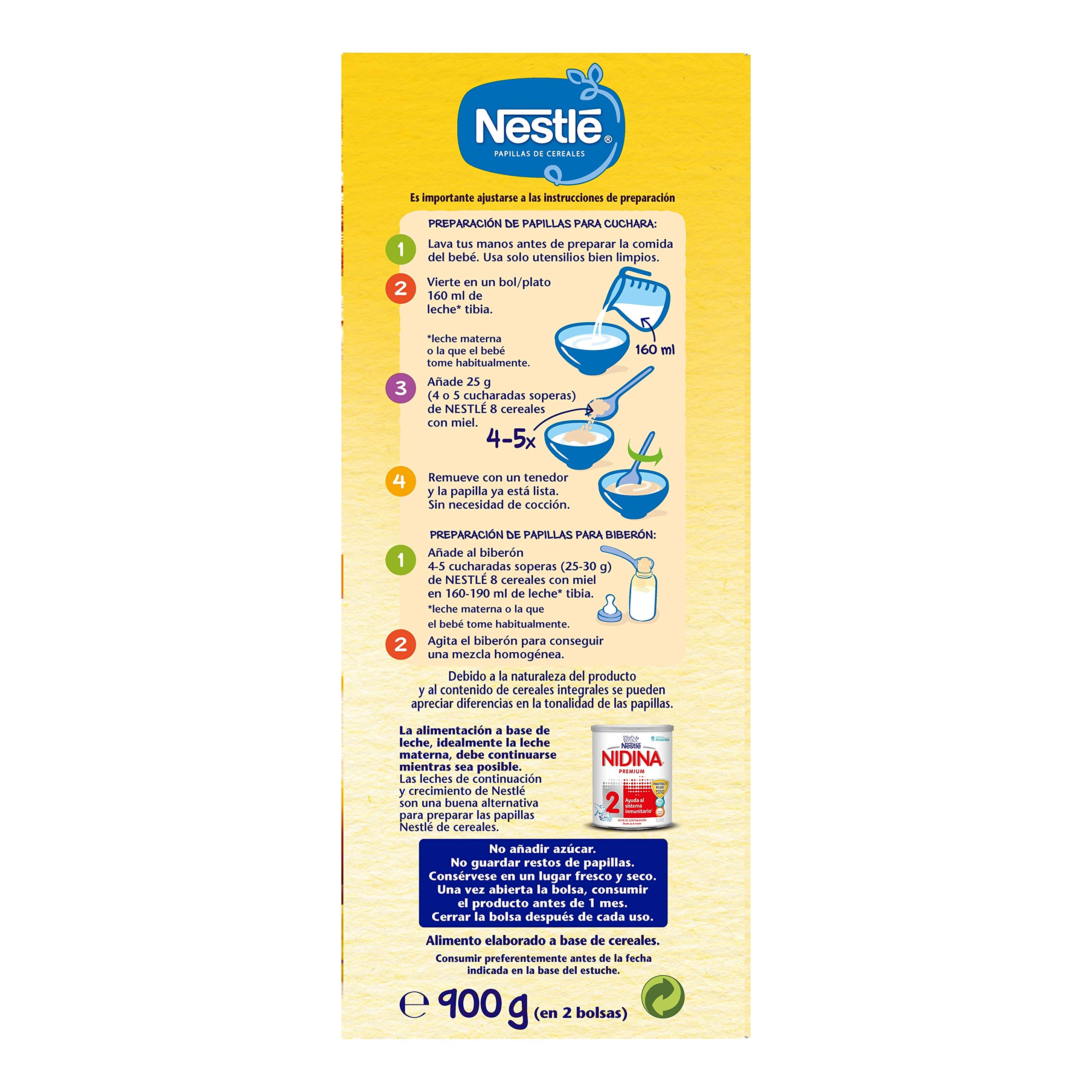 Nestlé Papillas 8 Cereales con Miel, 6+ Meses, 900g